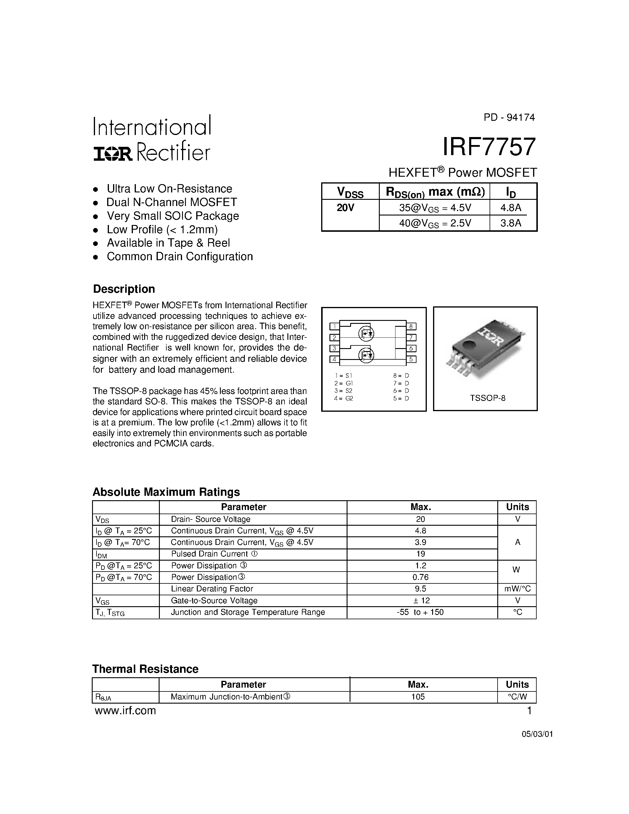 Datasheet IRF7757 - Power MOSFET(Vdss=20V) page 1