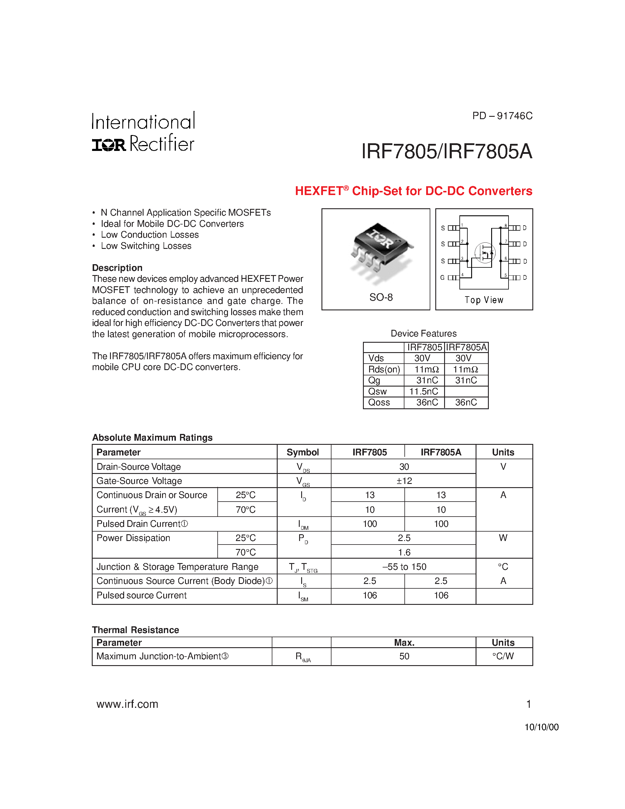 Datasheet IRF7805A - Chip-Set for DC-DC Converters page 1