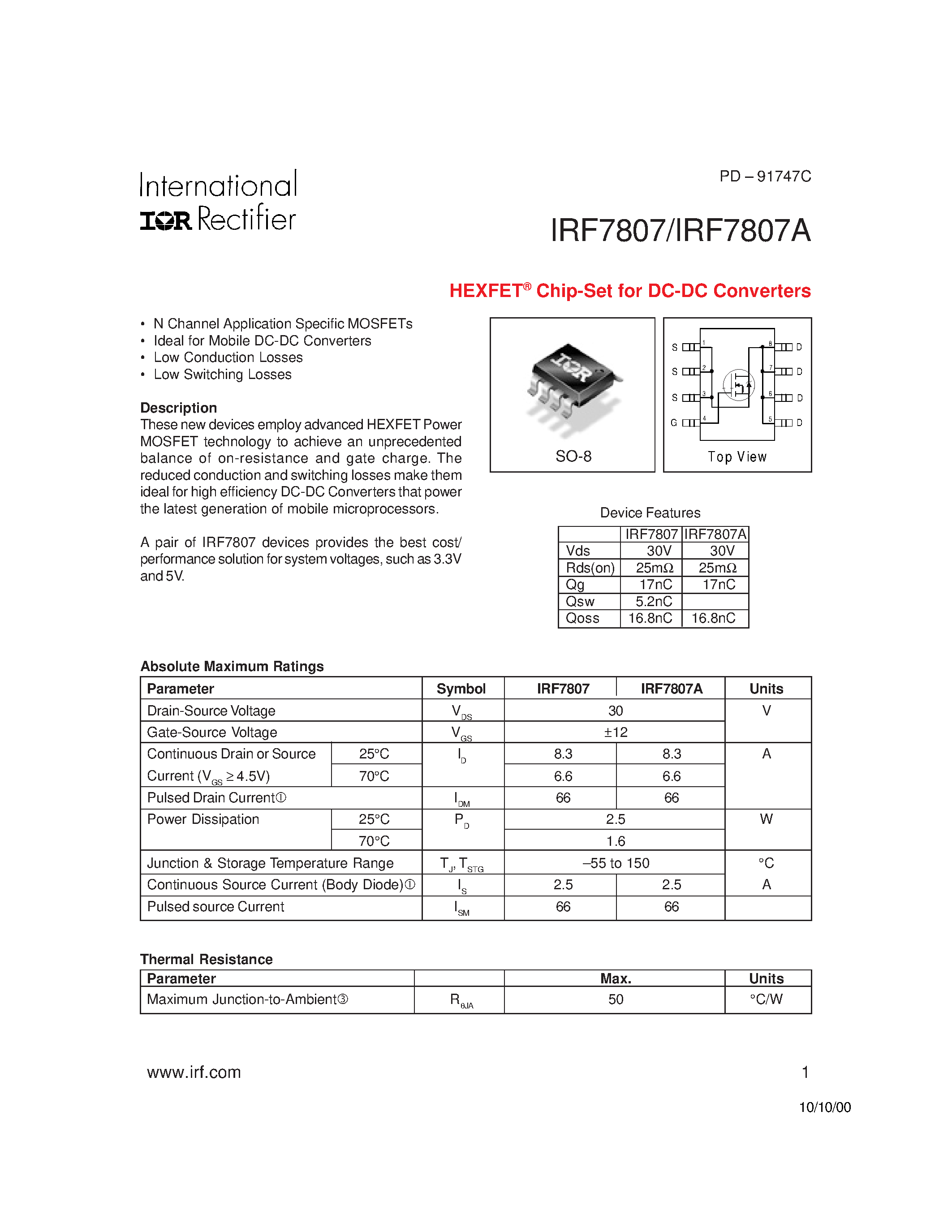Datasheet IRF7807 - Chip-Set for DC-DC Converters page 1