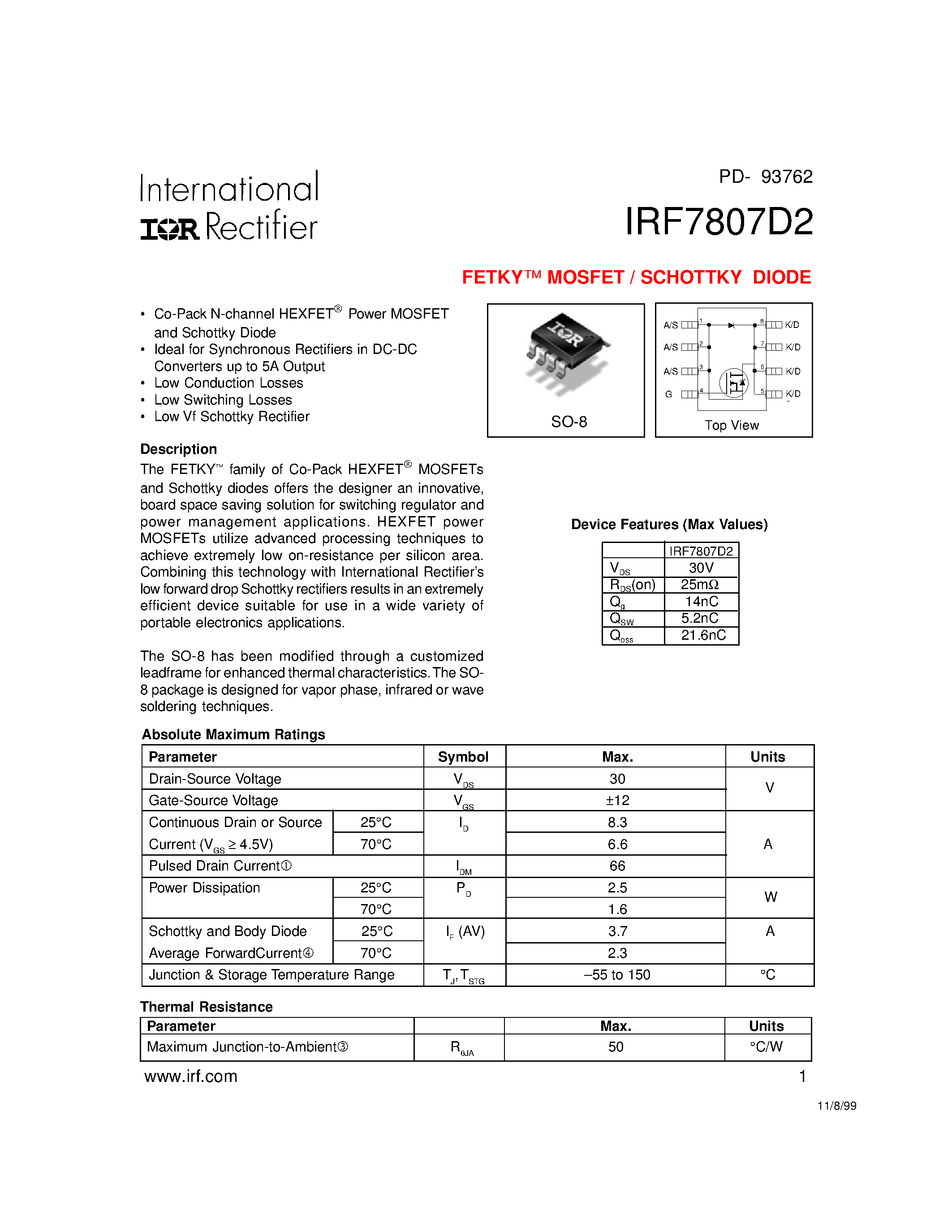 Datasheet IRF7807D2 - MOSFET / SCHOTTKY DIODE page 1