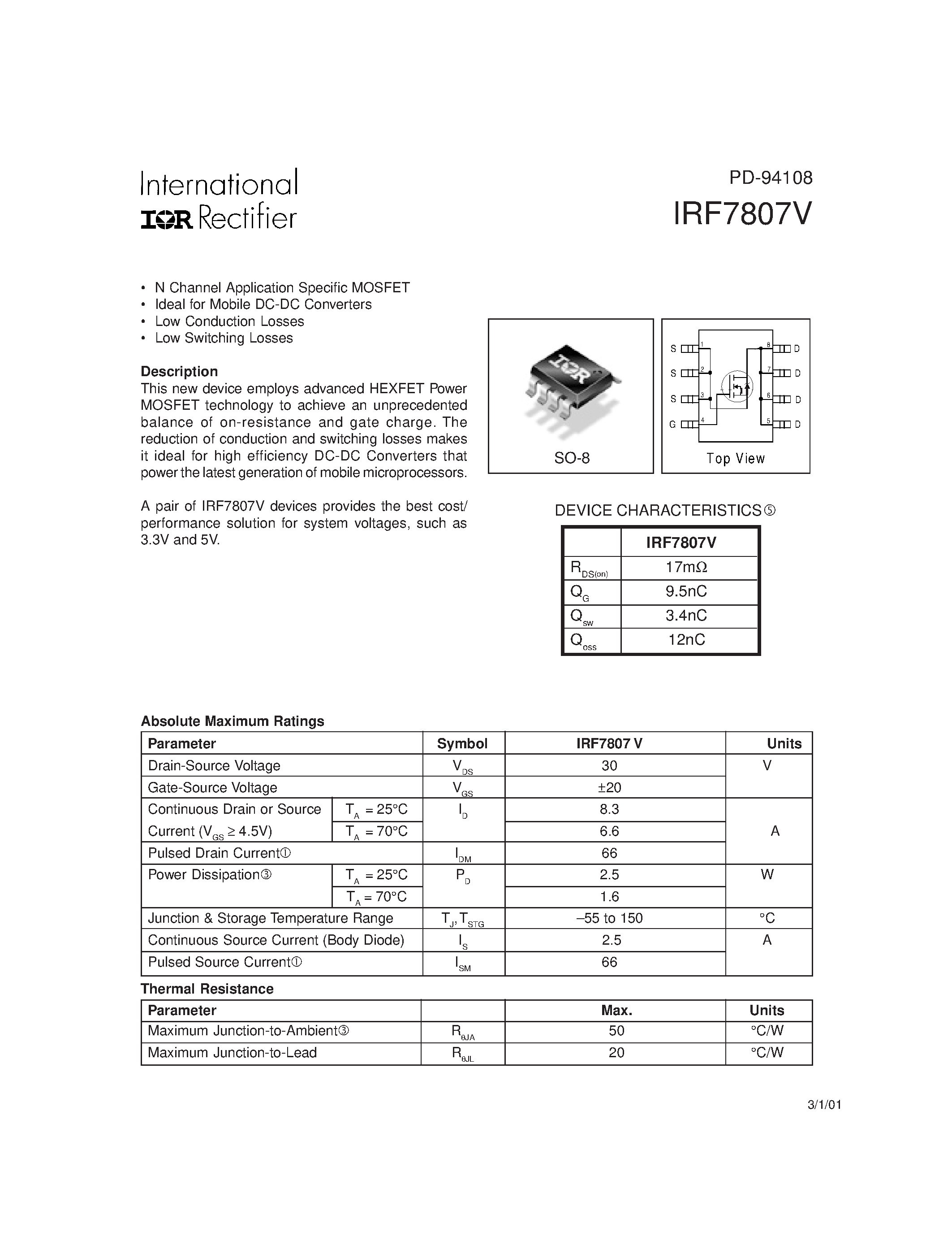 Datasheet IRF7807V - N Channel Application Specific MOSFET page 1