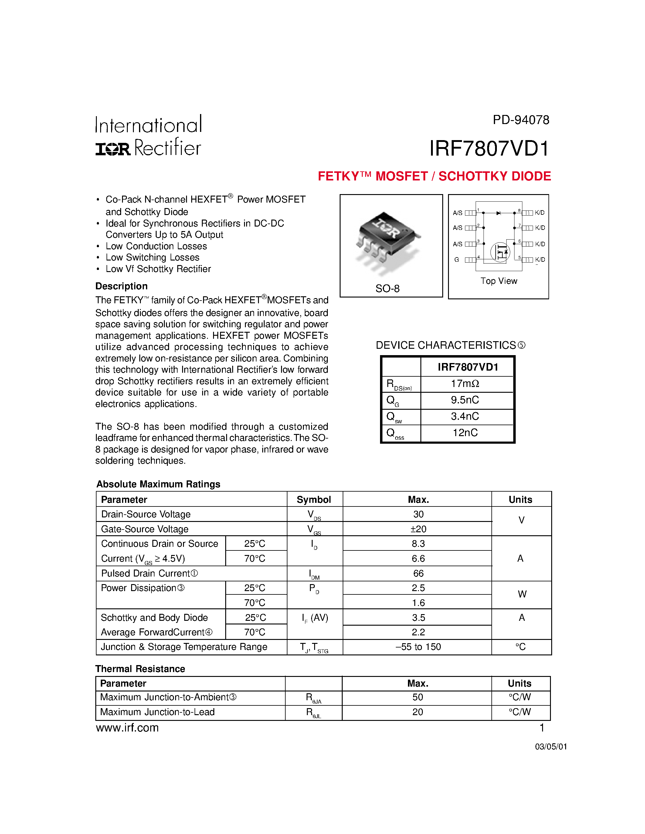 Datasheet IRF7807VD1 - FETKY MOSFET / SCHOTTKY DIODE page 1