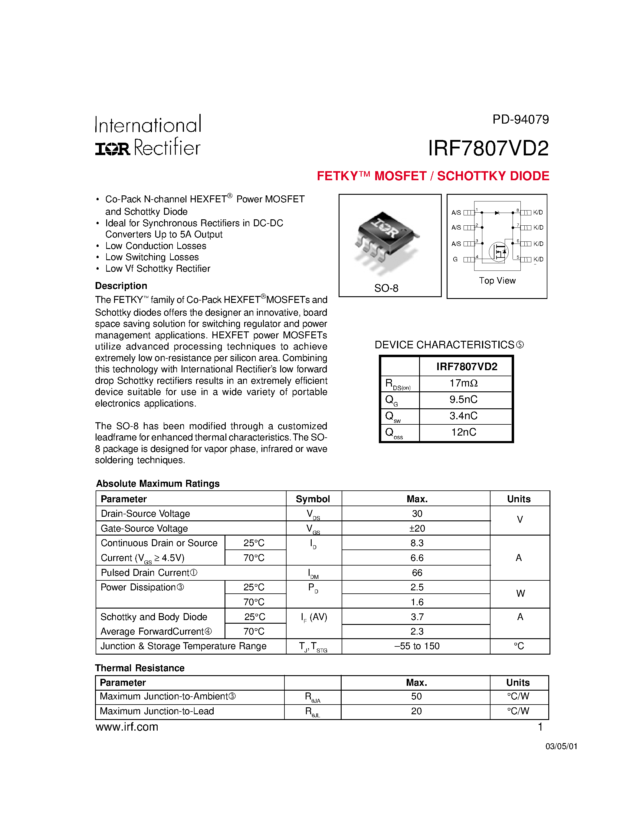 Datasheet IRF7807VD2 - FETKY MOSFET / SCHOTTKY DIODE page 1