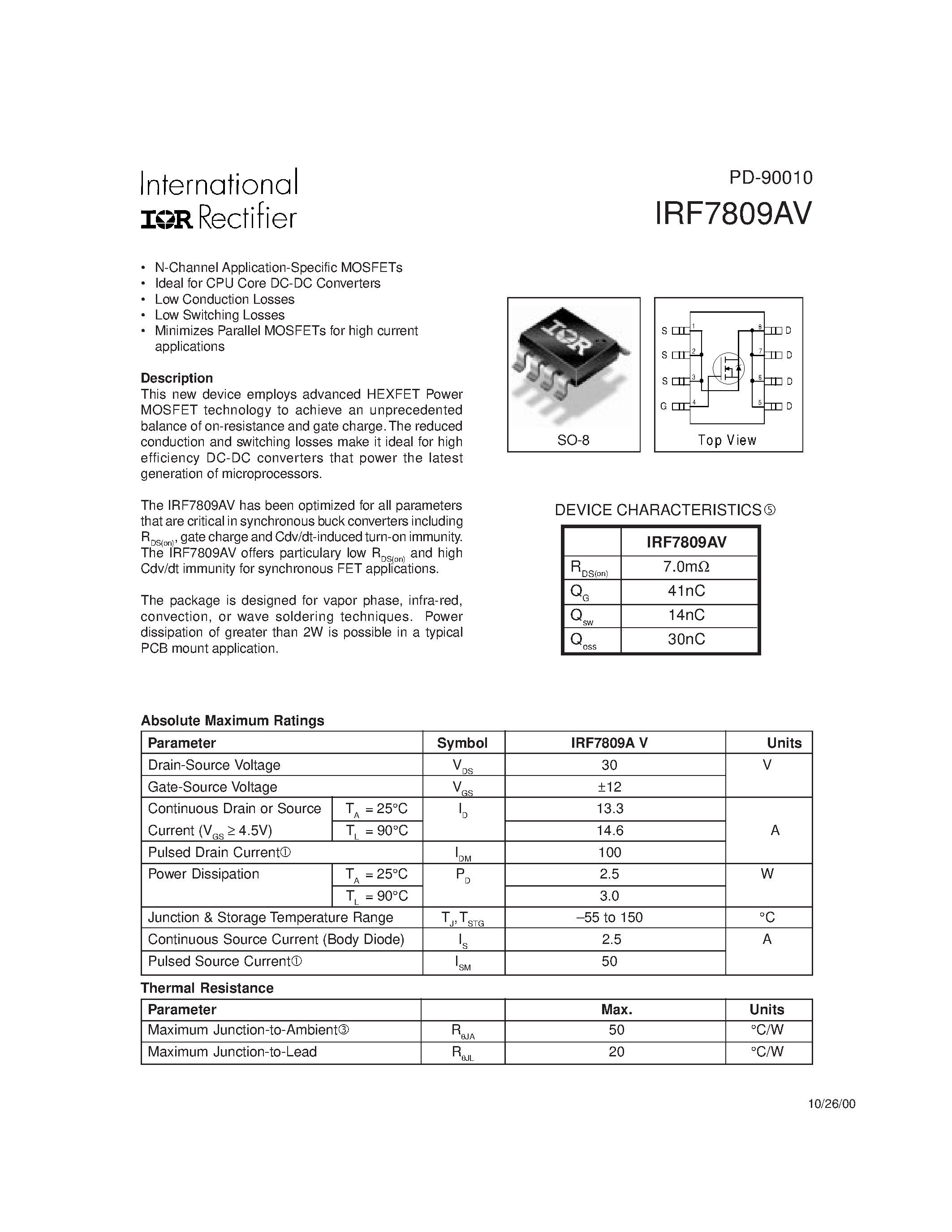 Datasheet IRF7809AV - N-Channel Application-Specific MOSFETs page 1