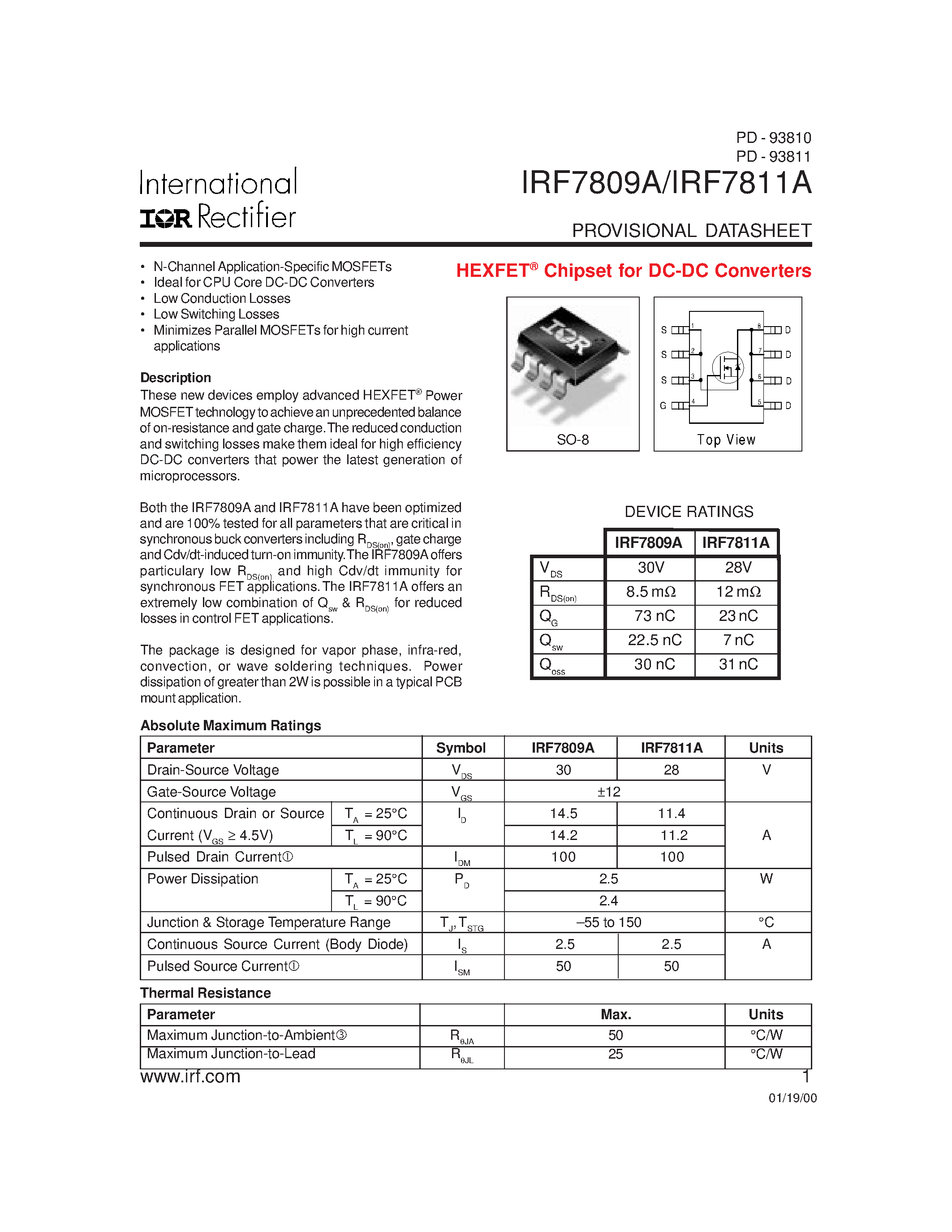 Datasheet IRF7811A - Chipset for DC-DC Converters page 1