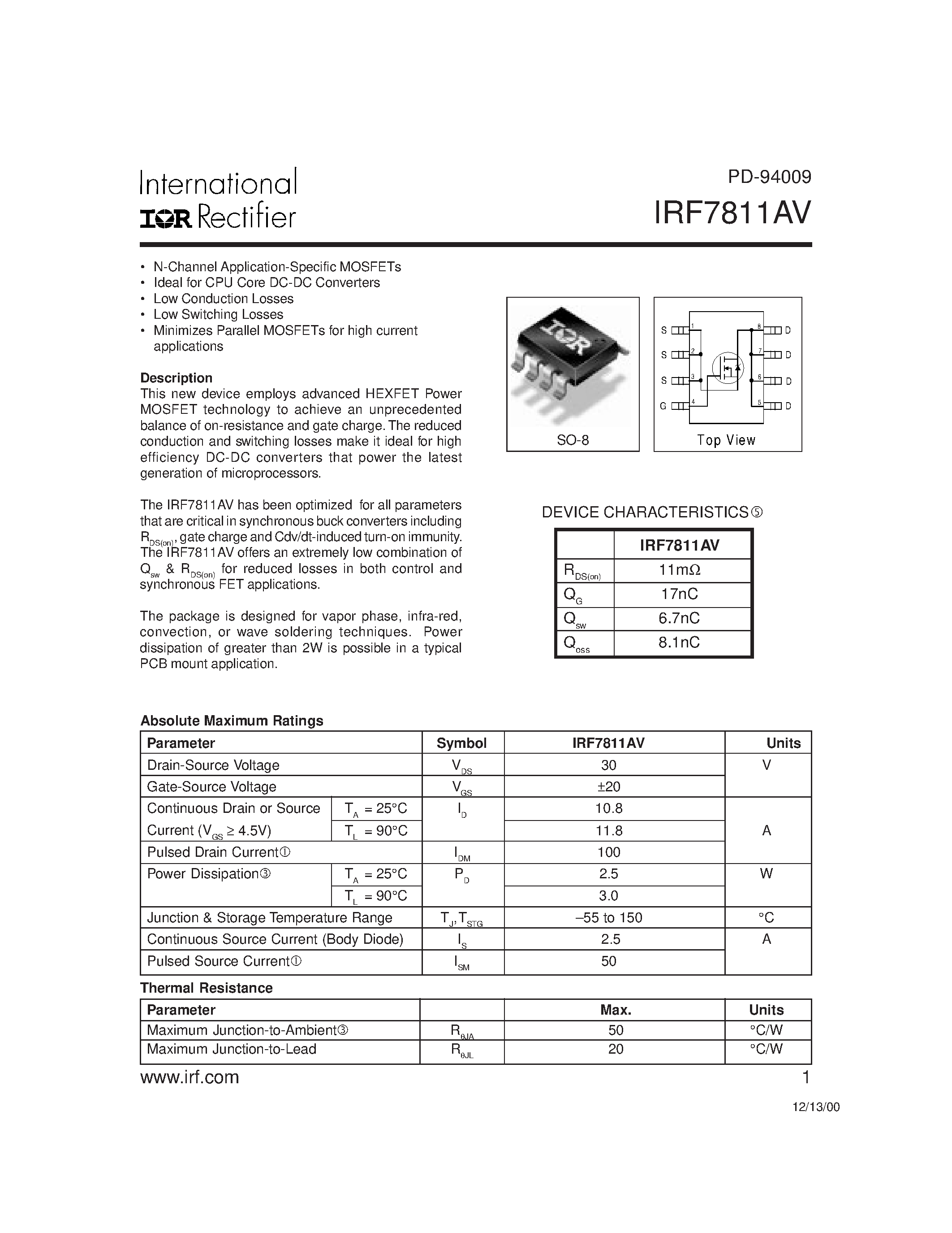 Datasheet IRF7811AV - N-Channel Application-Specific MOSFETs page 1