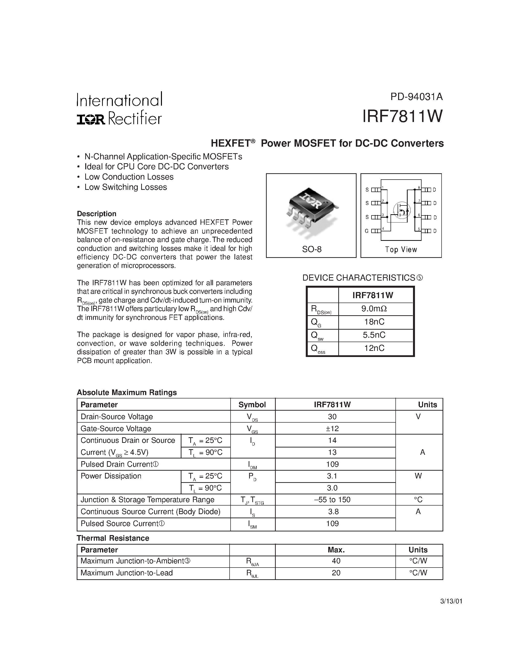 Datasheet IRF7811W - Power MOSFET for DC-DC Converters page 1