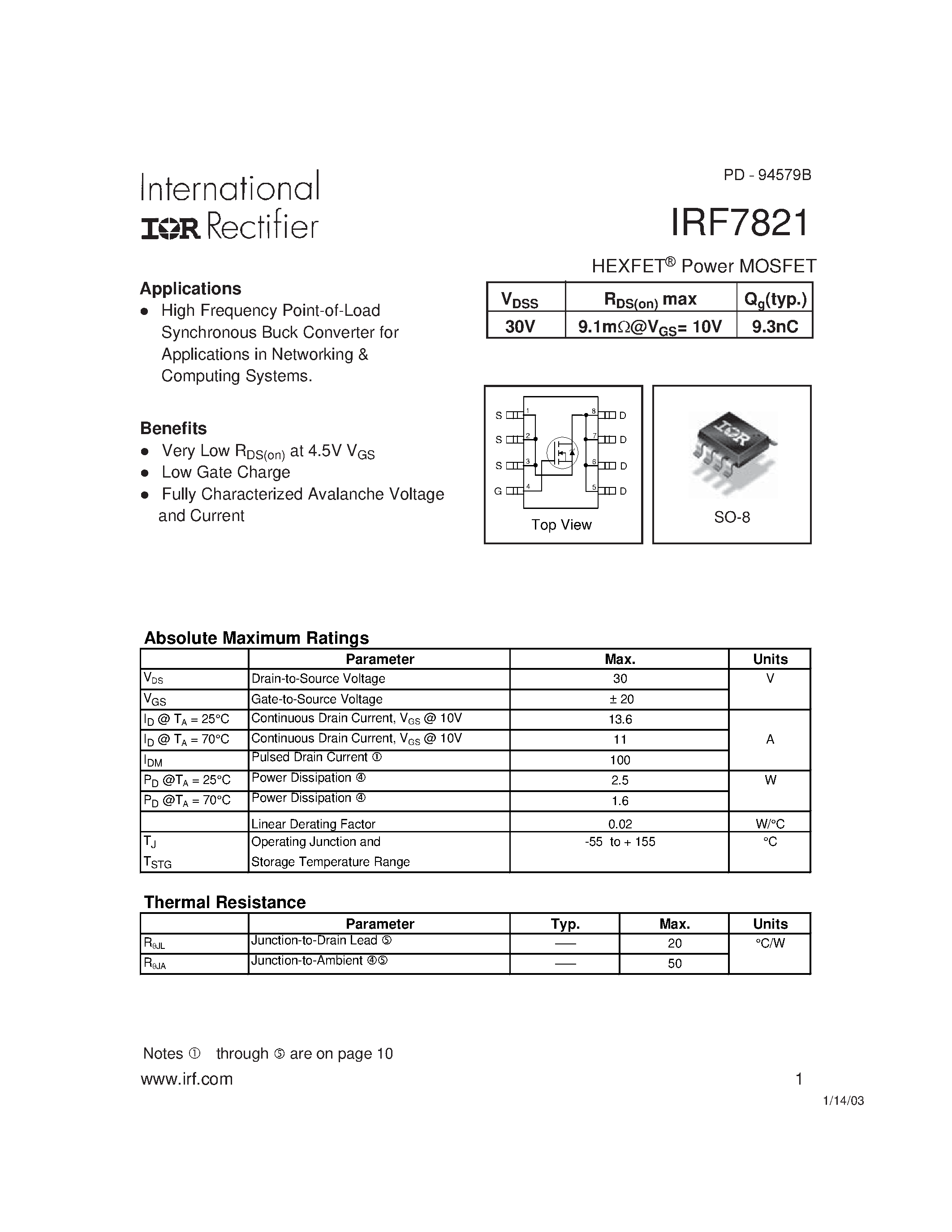 Datasheet IRF7821 - Power MOSFET page 1