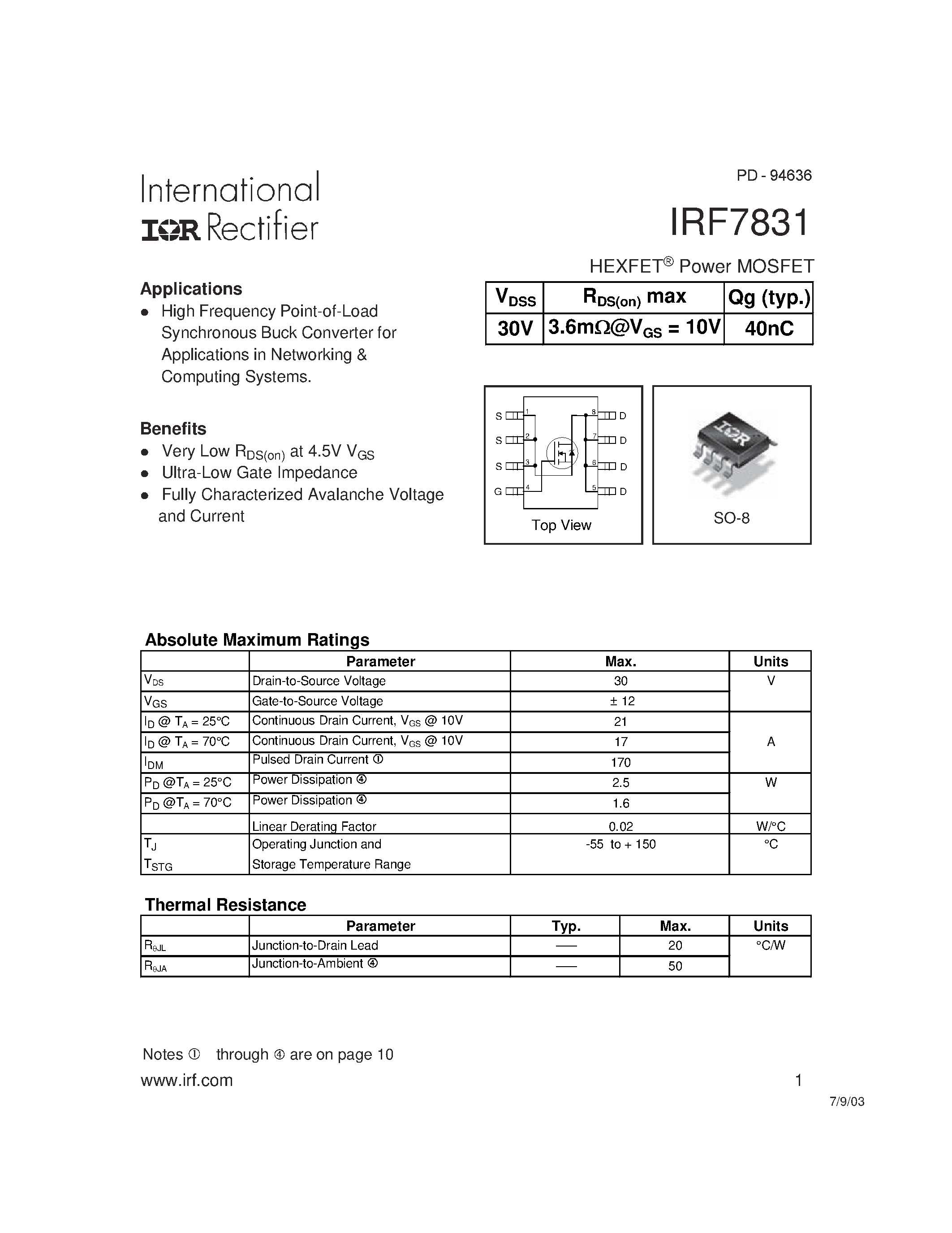 Datasheet IRF7831 - HEXFETPower MOSFET page 1