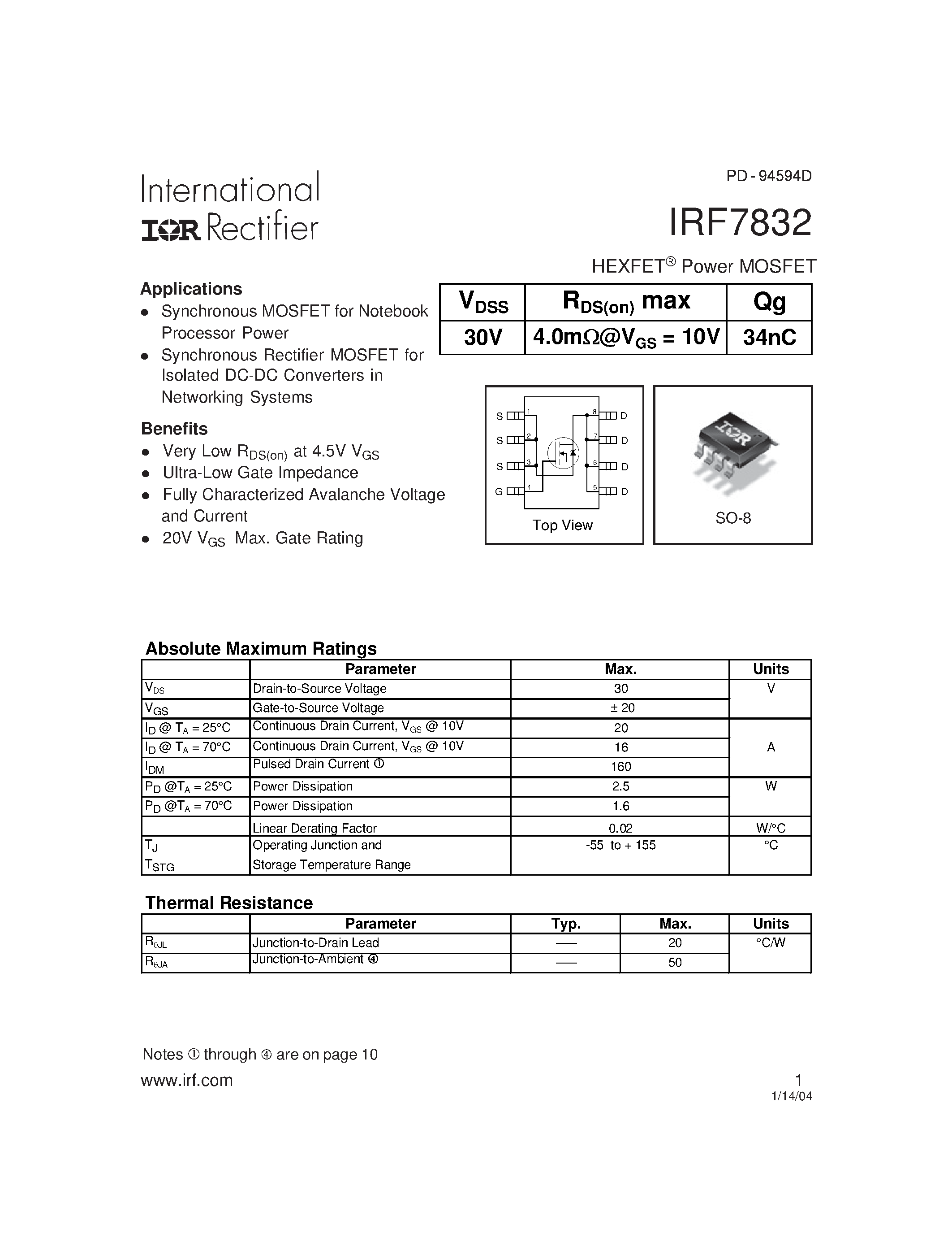 Datasheet IRF7832 - HEXFET Power MOSFET page 1