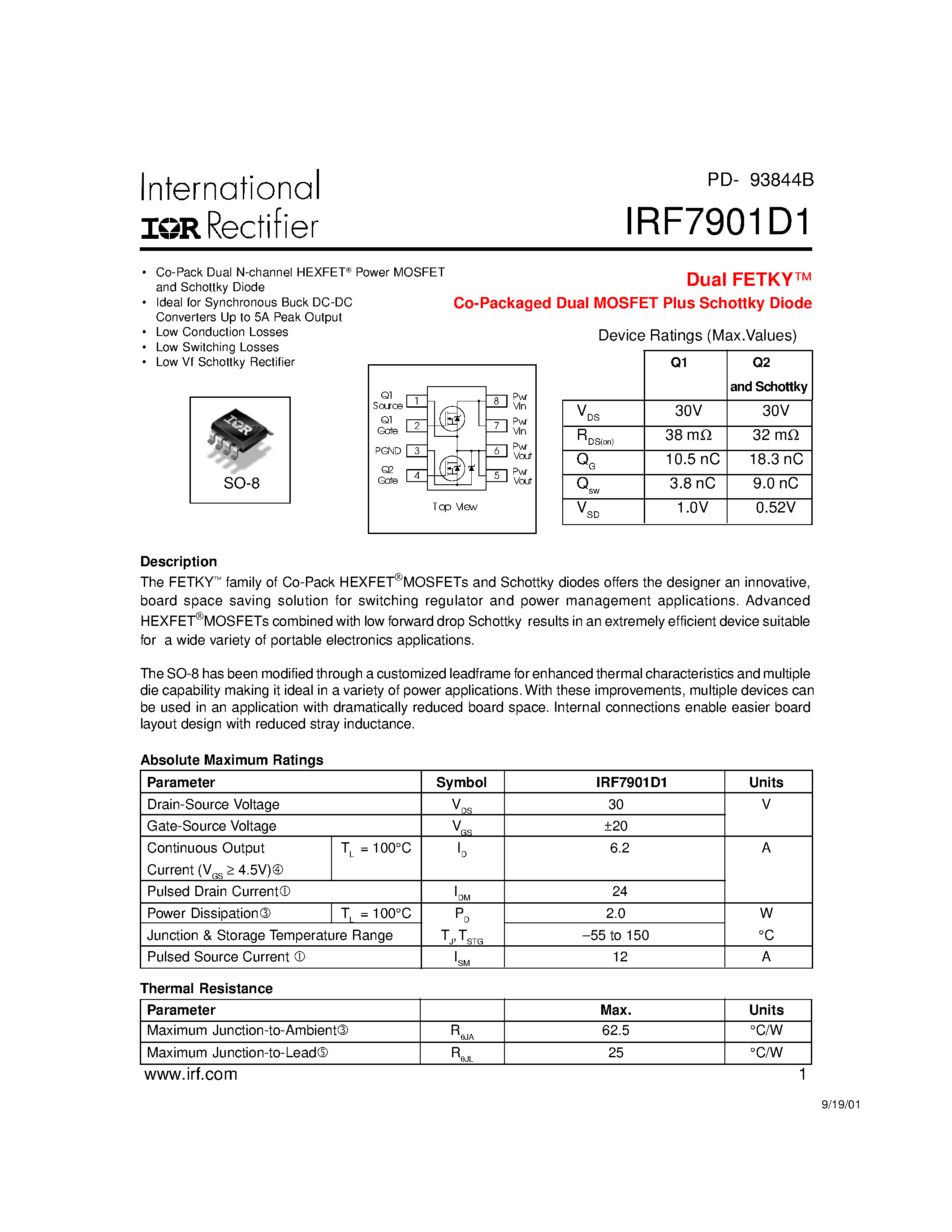 Datasheet IRF7901D1 - Dual FETKY Co-Packaged Dual MOSFET Plus Schottky Diode page 1