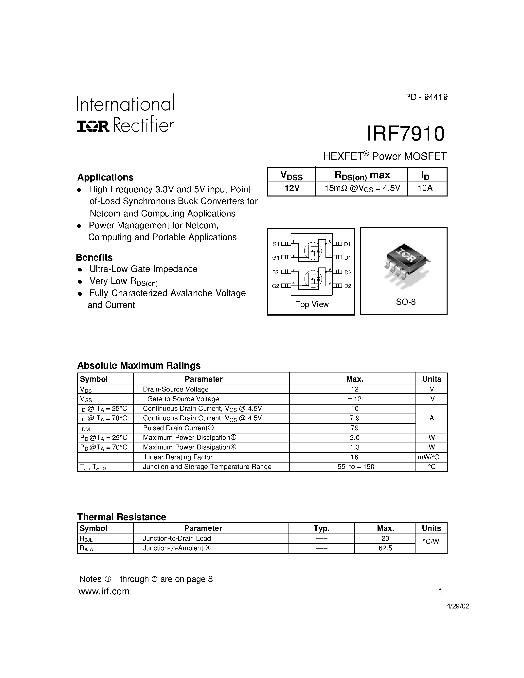 Datasheet IRF7910 - HEXFET Power MOSFET page 1