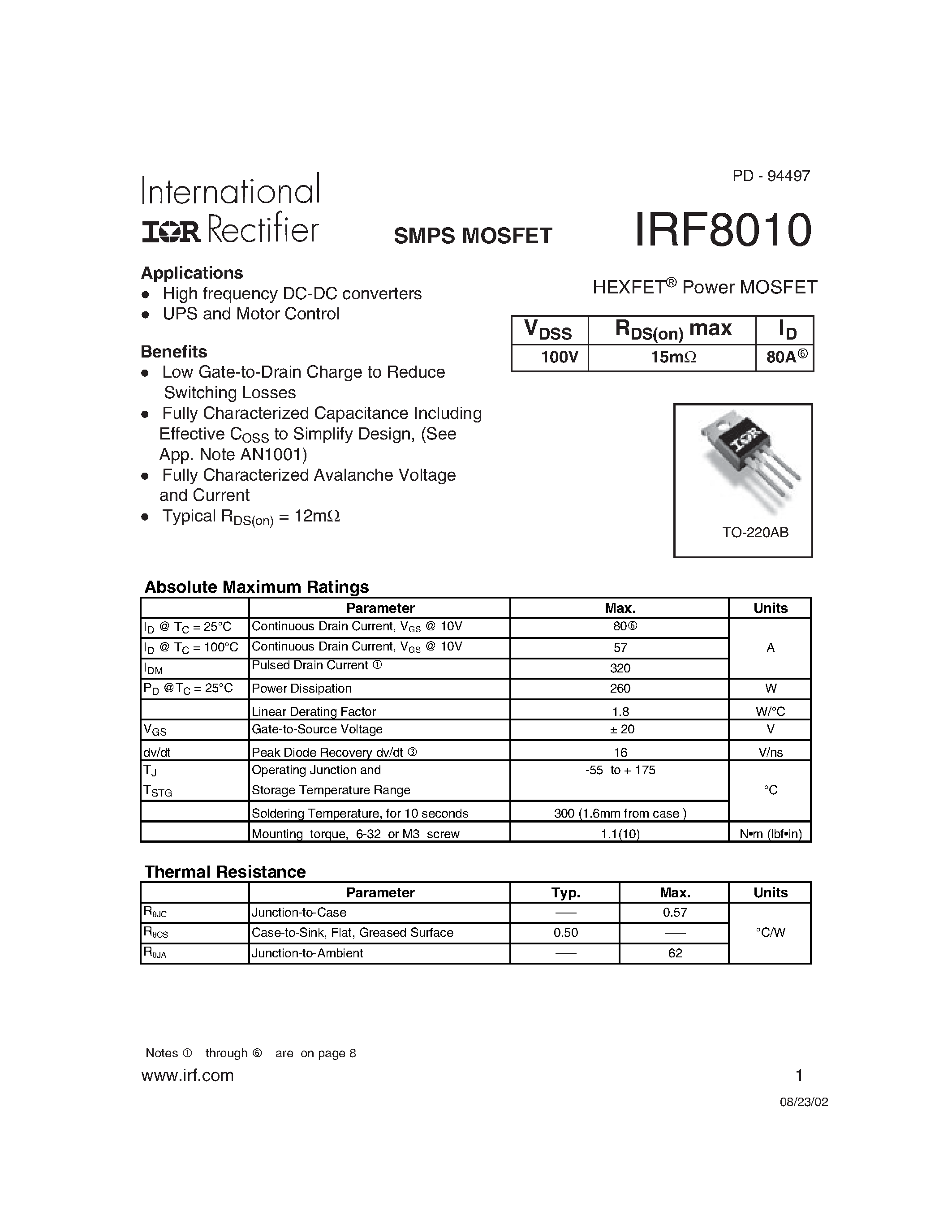 Datasheet IRF8010 - HEXFET Power MOSFET page 1