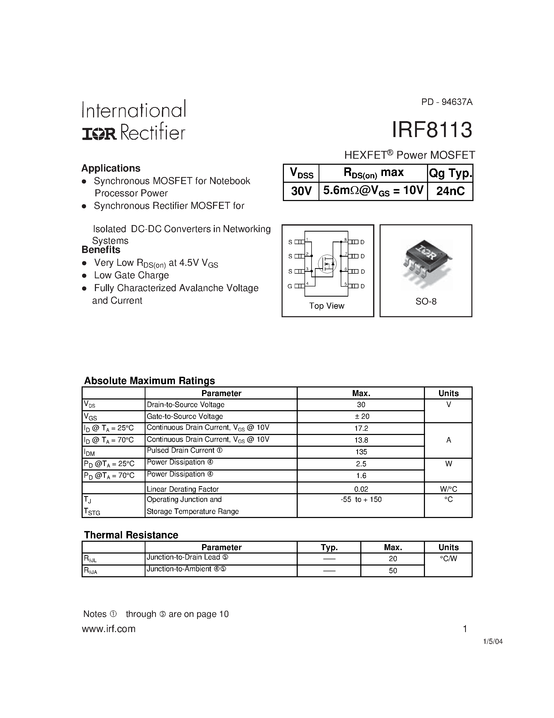 Datasheet IRF8113 - Power MOSFET page 1
