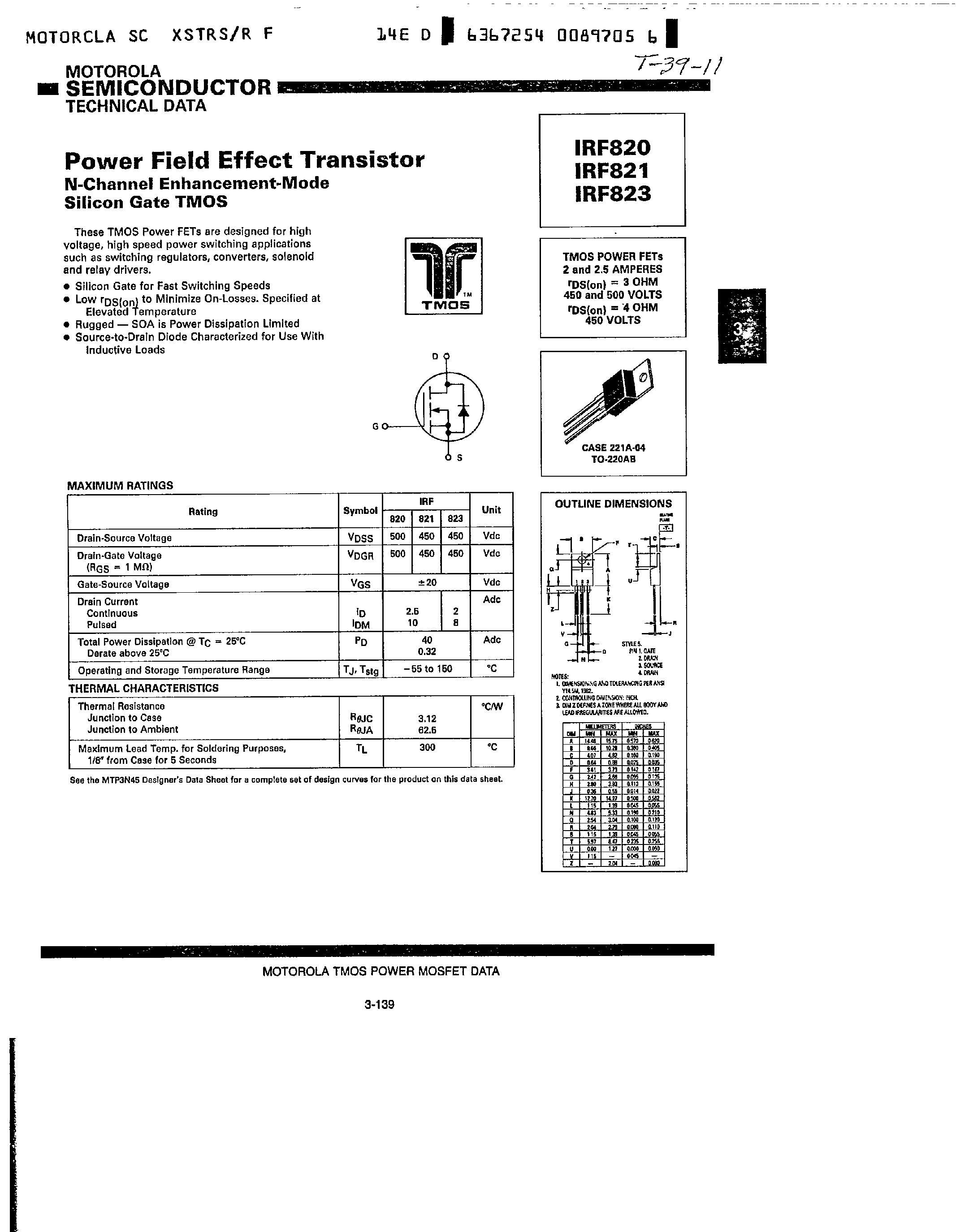 Datasheet IRF820 - N-CHANNEL Enhancement-Mode Silicon Gate TMOS page 1