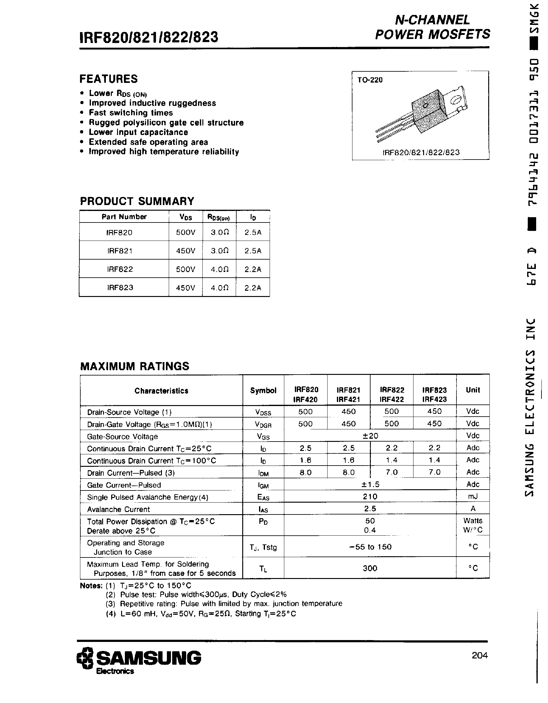 Datasheet IRF820 - N-CHANNEL POWER MOSFETS page 1