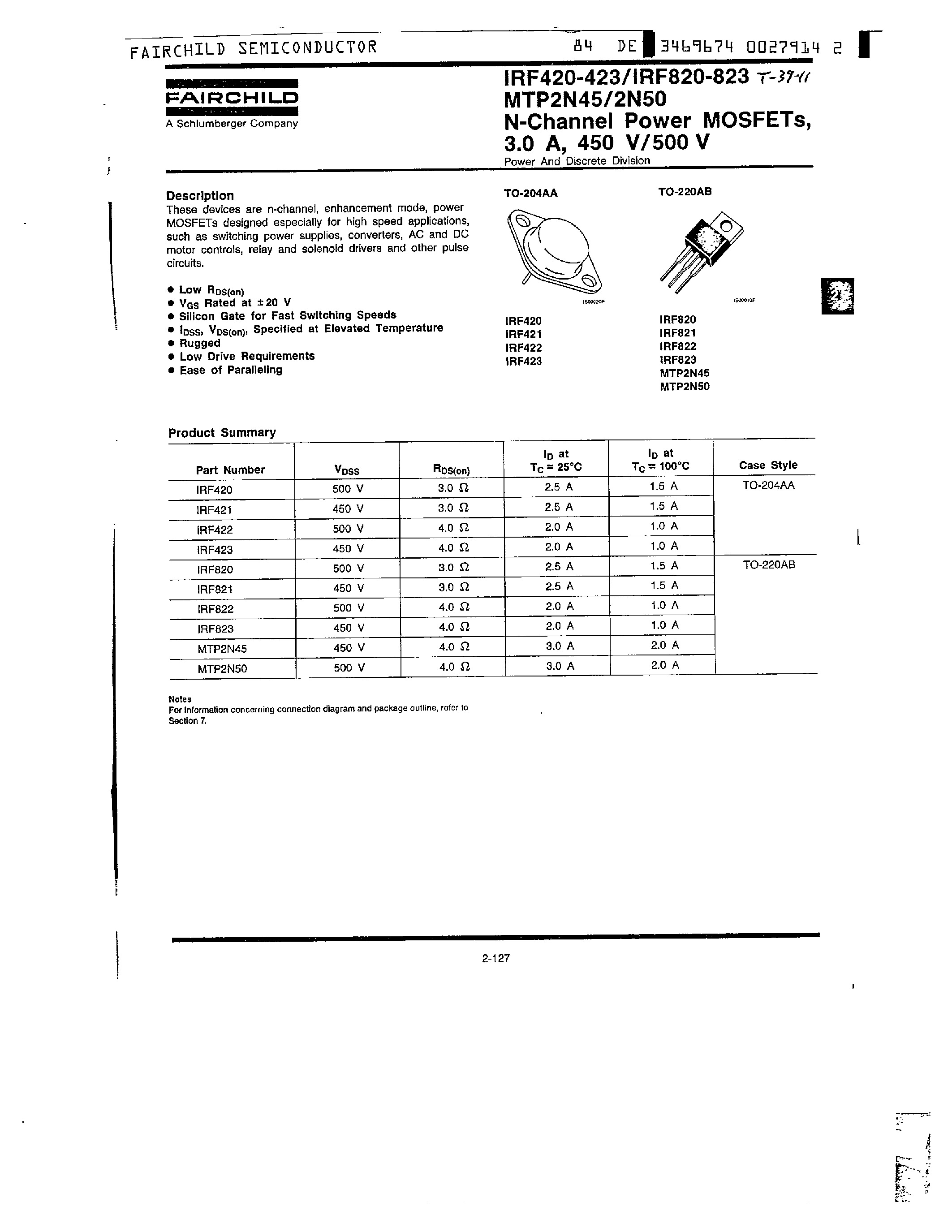 Datasheet IRF820 - N-Channel Power MOSFETs/ 3.0 A/ 450 V/500 V page 1