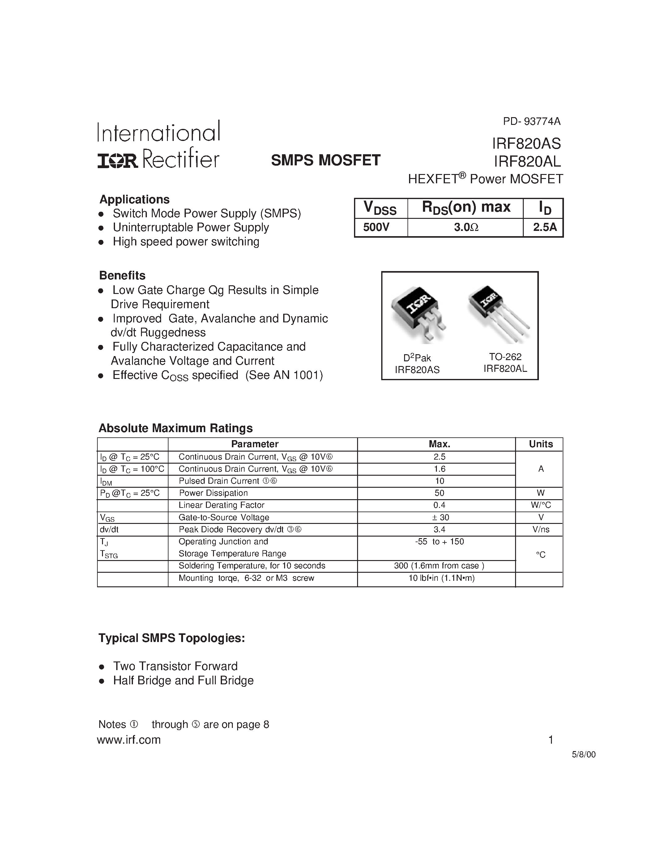 Datasheet IRF820AL - Power MOSFET(Vdss=500V/ Rds(on)max=3.0ohm/ Id=2.5A) page 1
