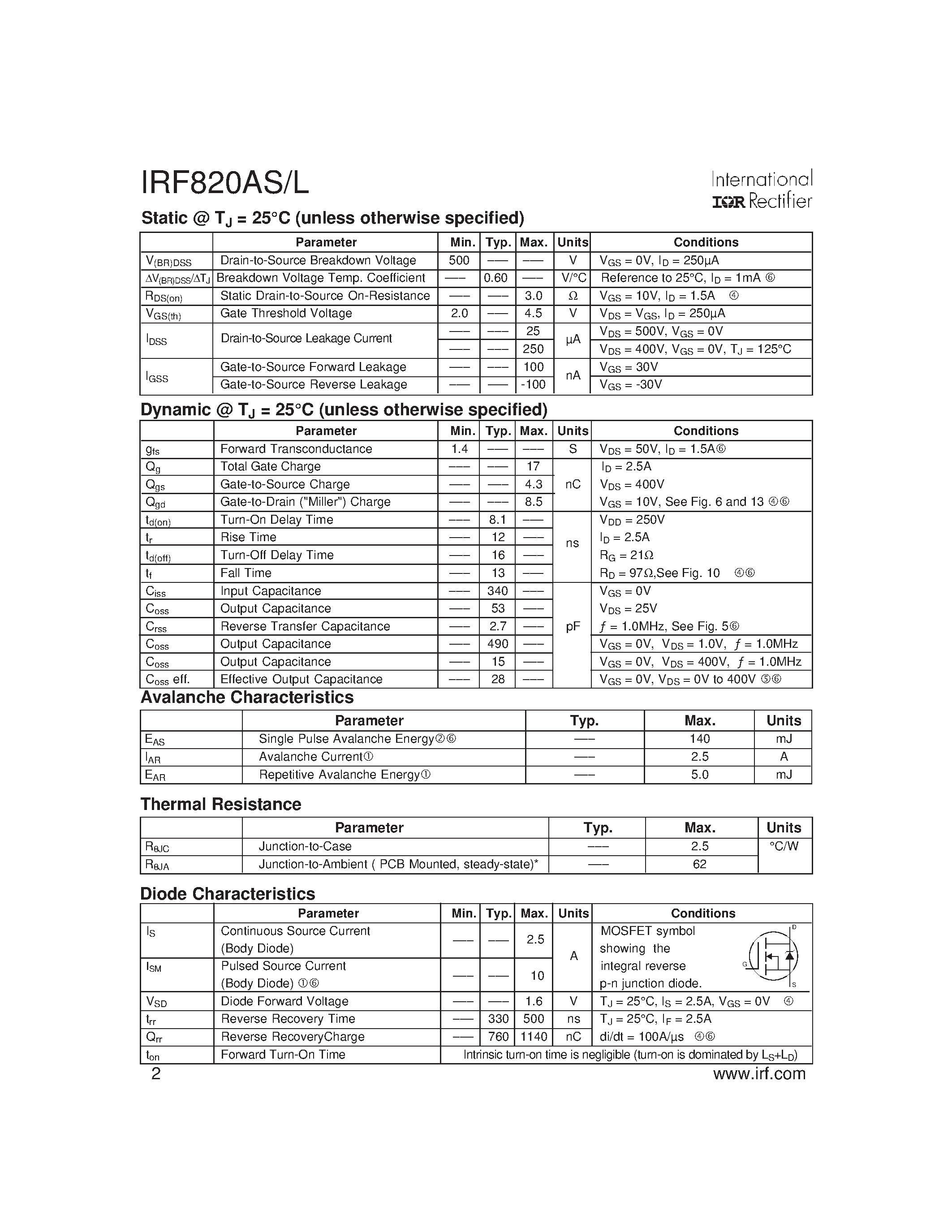 Datasheet IRF820AL - Power MOSFET(Vdss=500V/ Rds(on)max=3.0ohm/ Id=2.5A) page 2