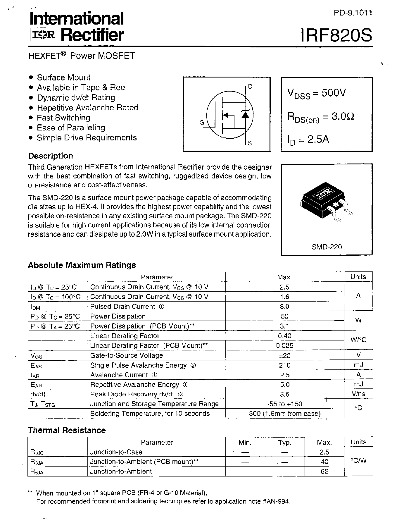 Даташит IRF820S - Power MOSFET(Vdss=500V/ Rds(on)=3.0ohm/ Id=2.5A) страница 1
