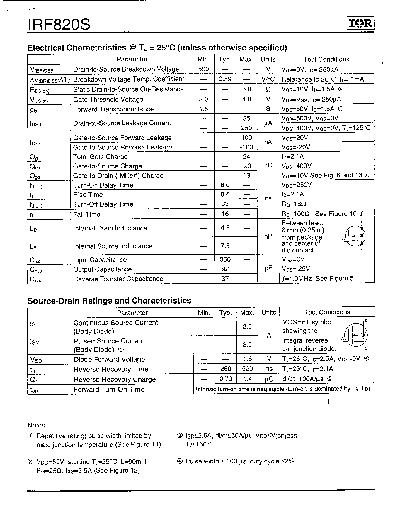 Даташит IRF820S - Power MOSFET(Vdss=500V/ Rds(on)=3.0ohm/ Id=2.5A) страница 2