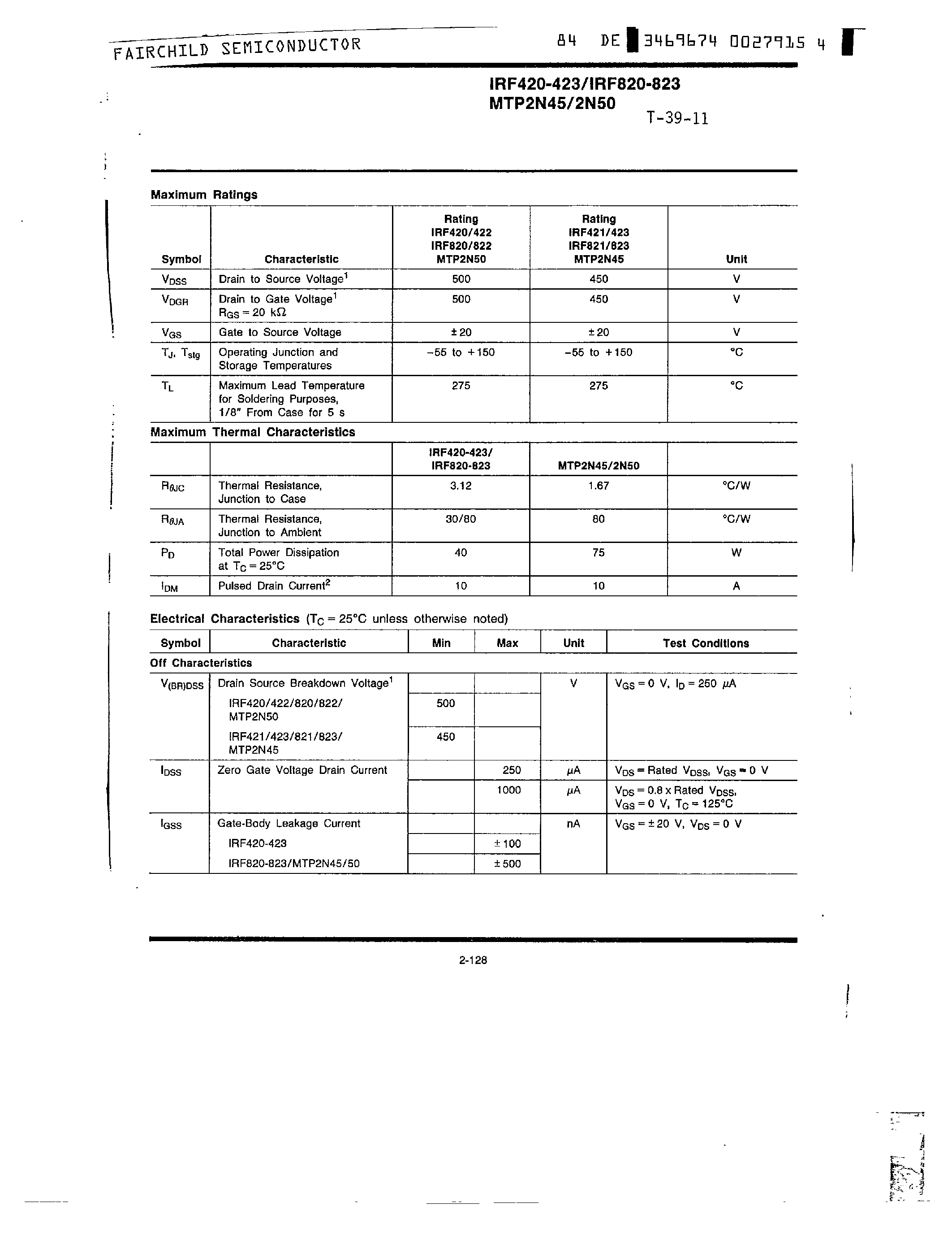 Datasheet IRF821 - N-Channel Power MOSFETs/ 3.0 A/ 450 V/500 V page 2
