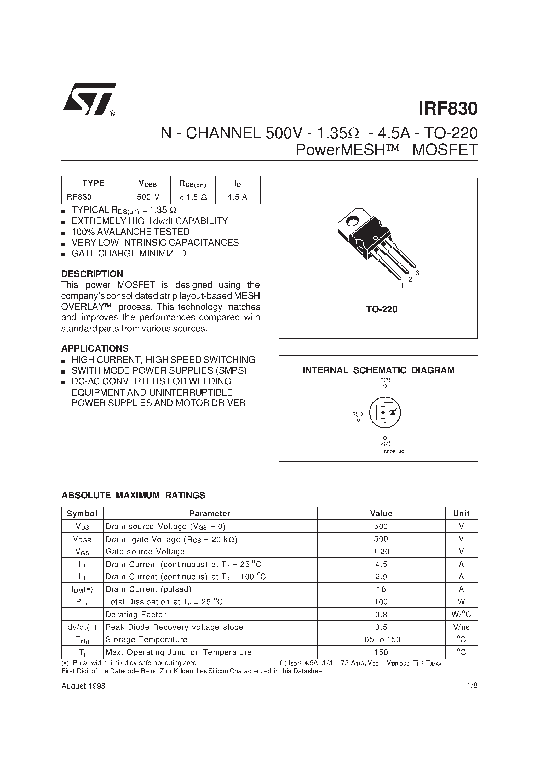 Datasheet IRF830 - N - CHANNEL 500V - 1.35ohm - 4.5A - TO-220 PowerMESH] MOSFET page 1