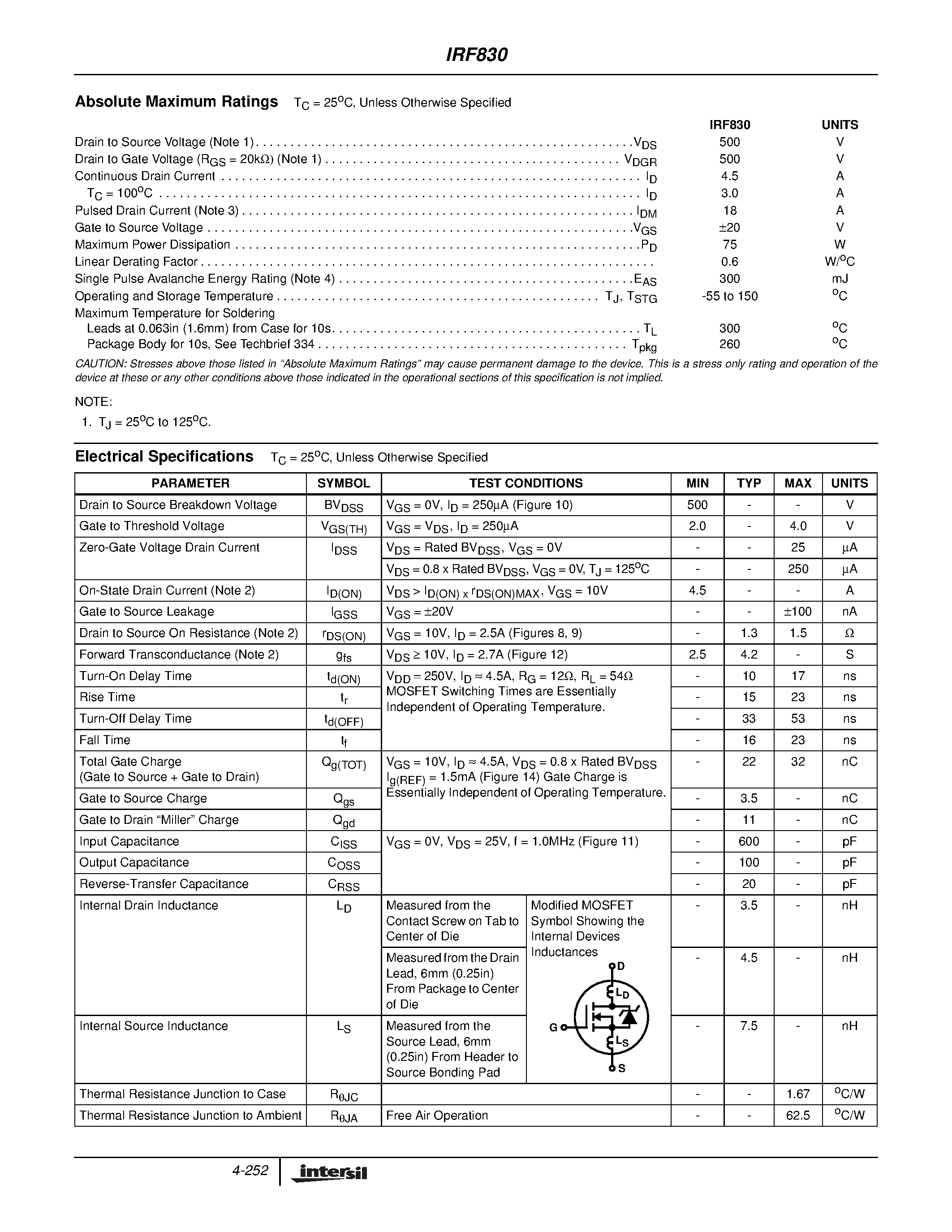 Даташит IRF830 - 4.5A/ 500V/ 1.500 Ohm/ N-Channel Power MOSFET страница 2