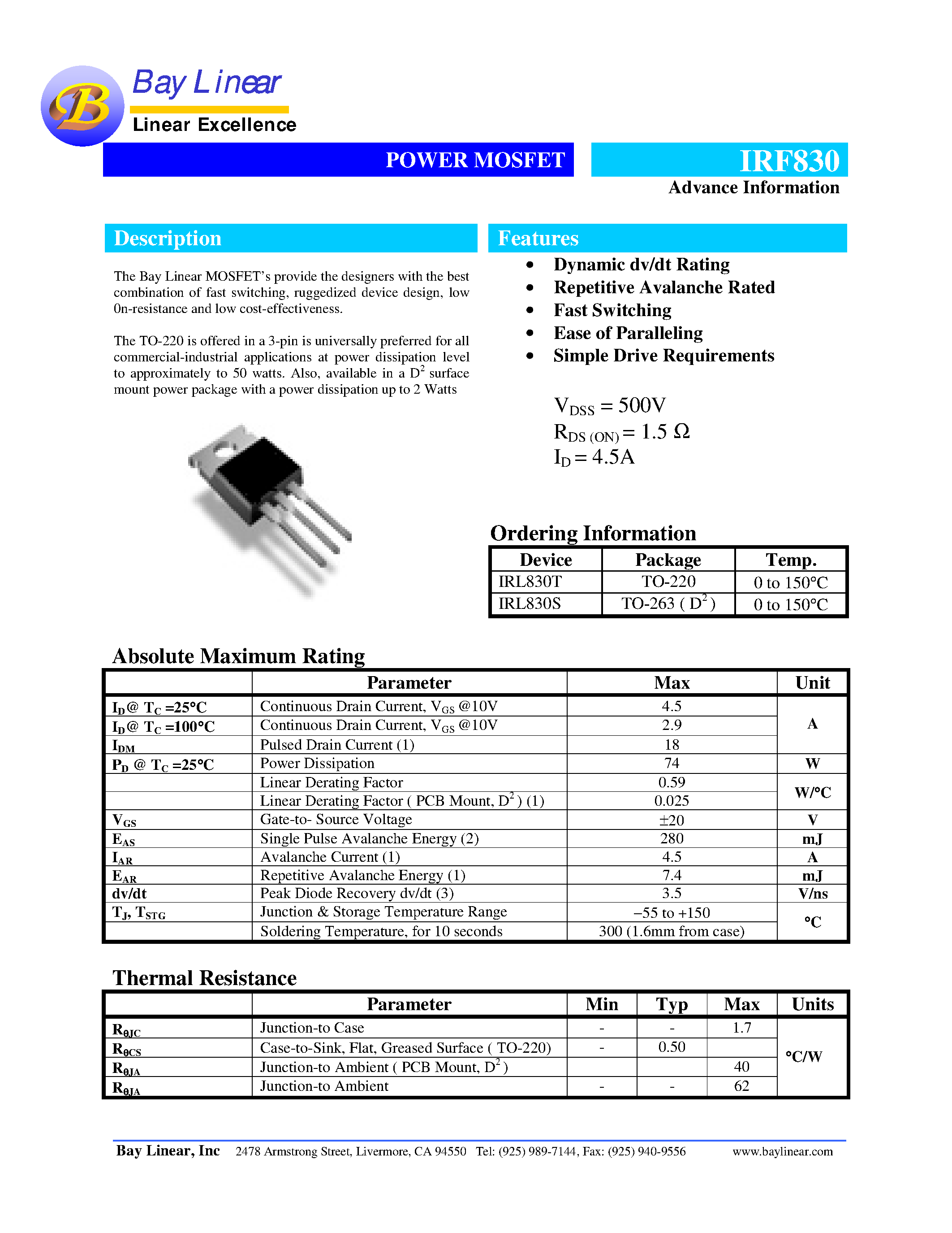 Datasheet IRF830 - POWER MOSFET page 1