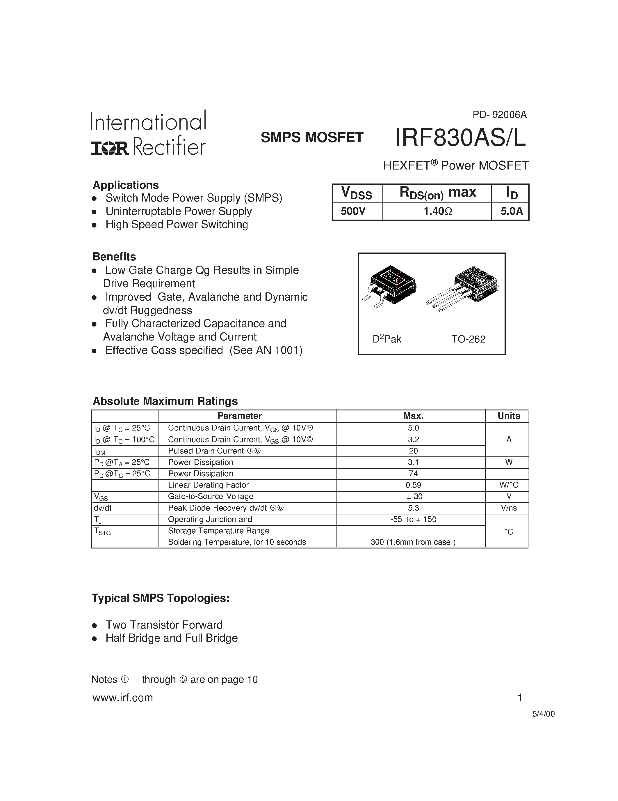 Datasheet IRF830AL - Power MOSFET(Vdss=500V/ Rds(on)max=1.40ohm/ Id=5.0A) page 1