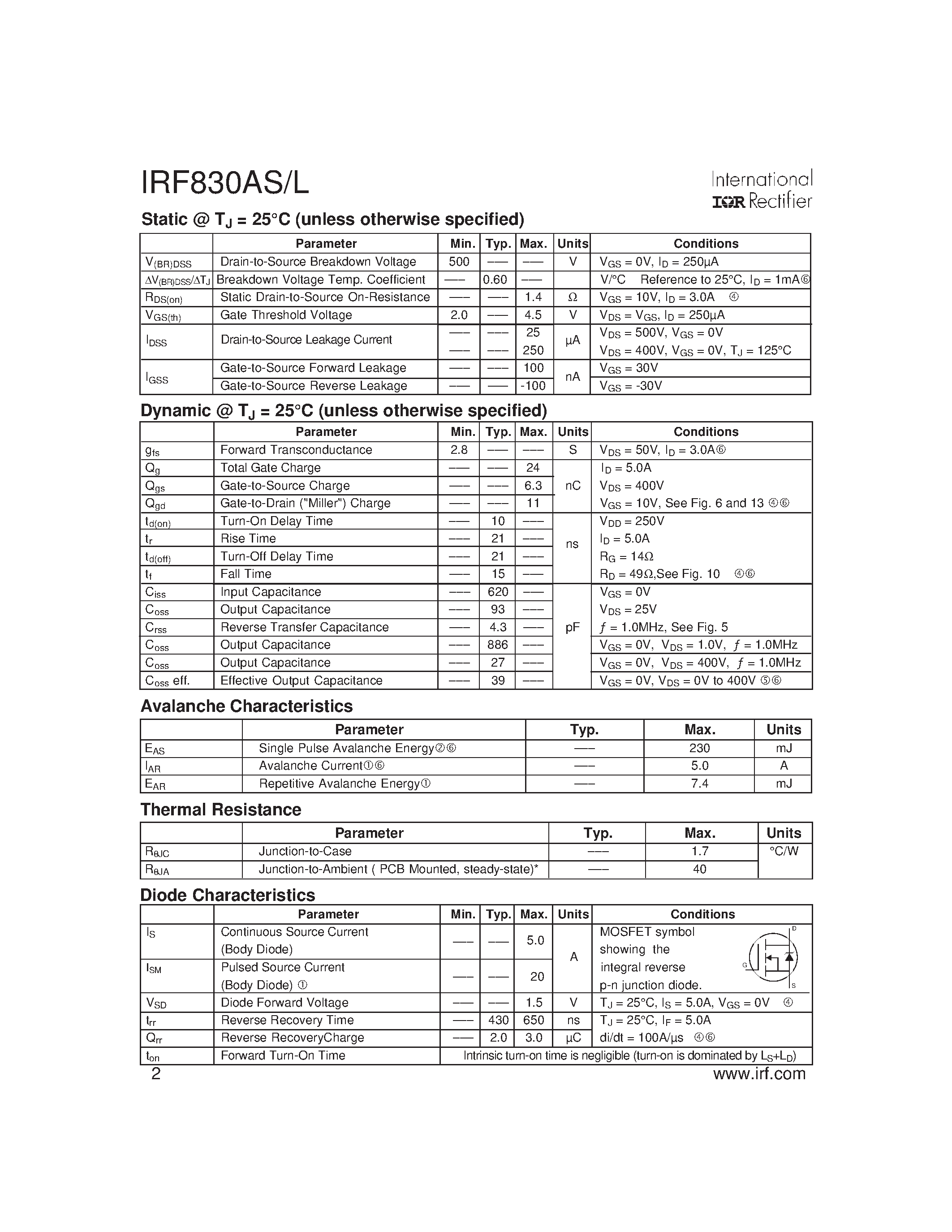 Datasheet IRF830AS page 2 Datasheet IRF830AS - Power MOSFET(Vdss=500V/ Rds(on)max=1.40ohm/ Id=5.0A) page 2