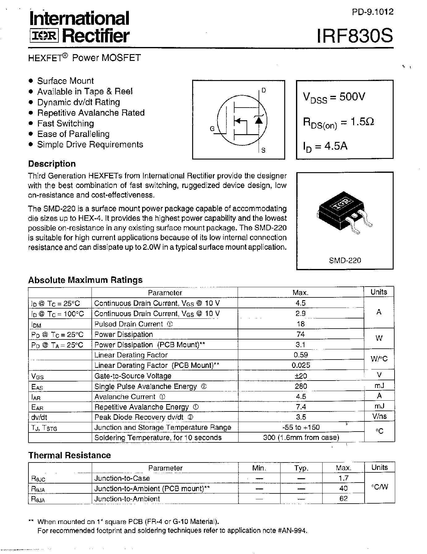 Даташит IRF830S - Power MOSFET(Vdss=500V/ Rds(on)=1.5ohm/ Id=4.5A) страница 1