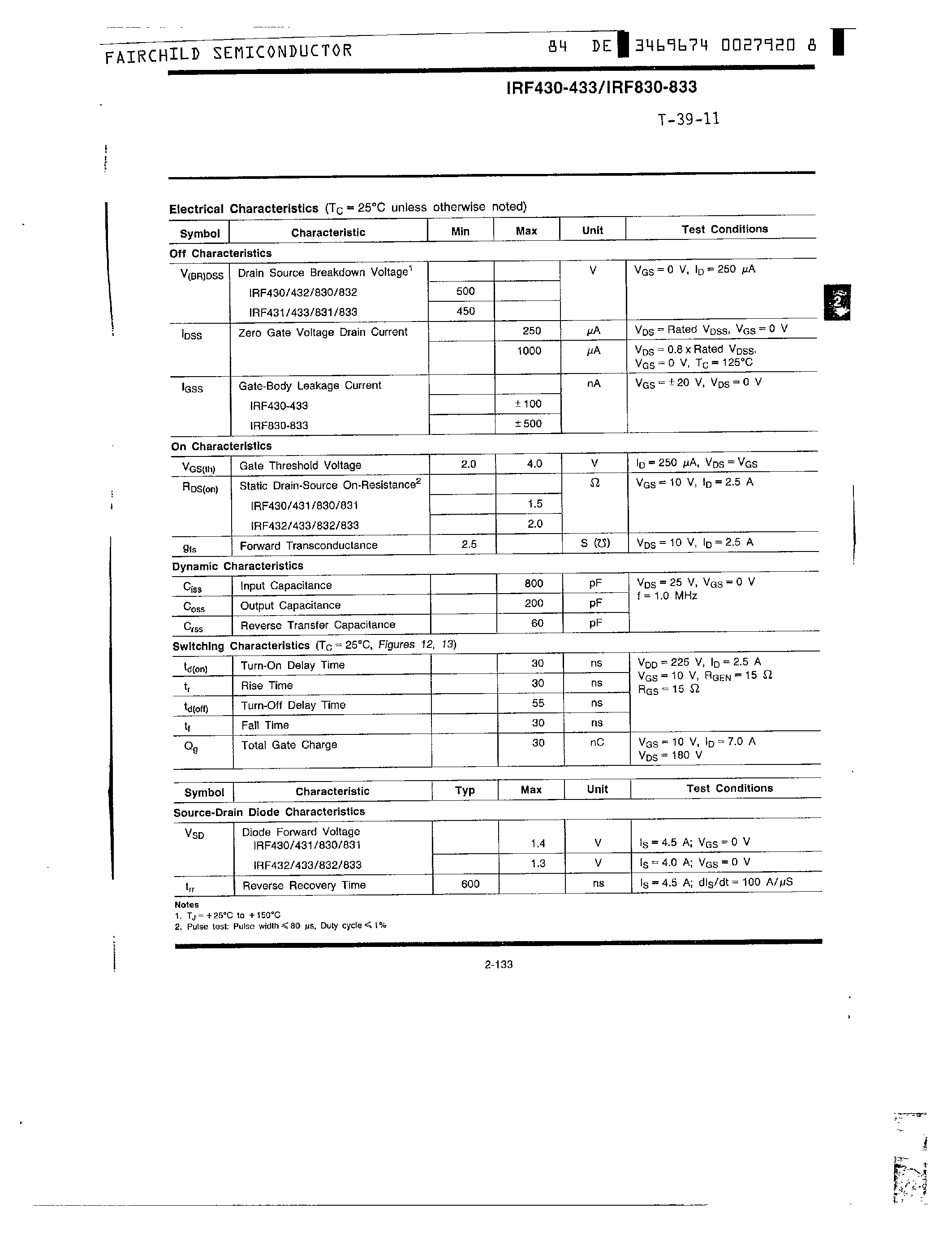 Datasheet IRF833 page 2 Datasheet IRF833 - N-Channel Power MOSFETs/ 4.5 A/ 450V/500V page 2