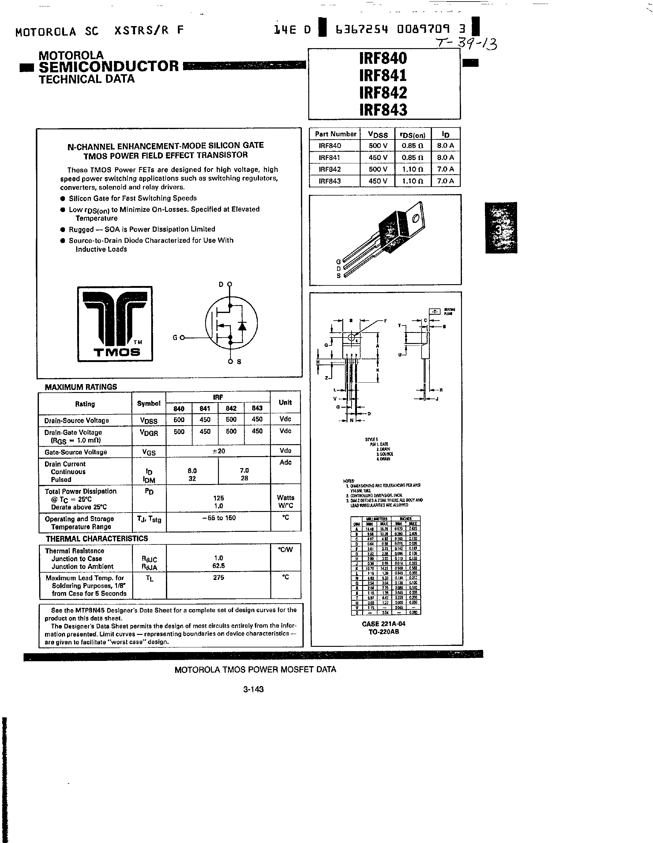 Datasheet IRF840 - N-CHANNEL ENHANCEMENT-MODE SILICON GATE TMOS POWER FIELD EFFECT TRANSISTOR page 1
