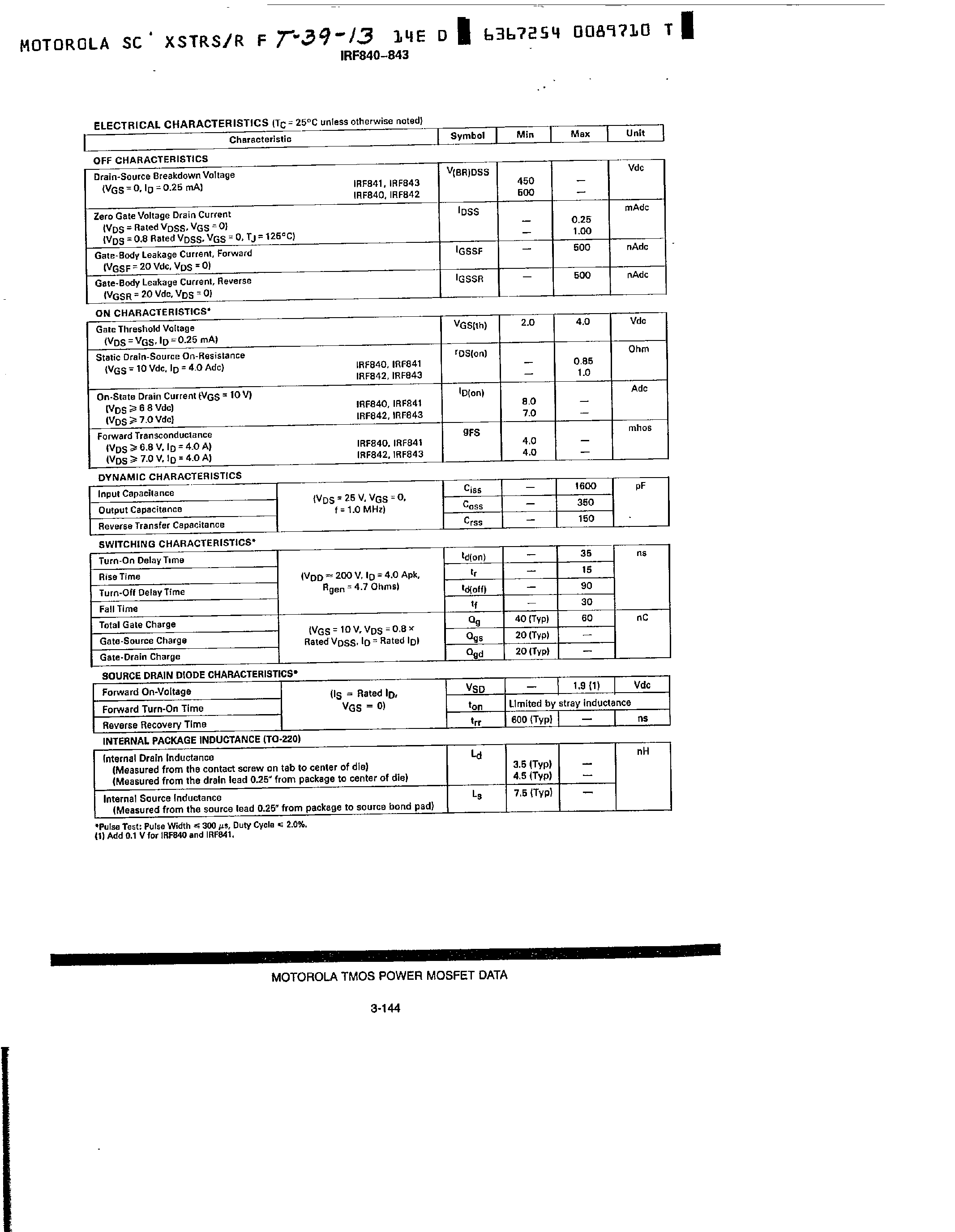 Datasheet IRF840 - N-CHANNEL ENHANCEMENT-MODE SILICON GATE TMOS POWER FIELD EFFECT TRANSISTOR page 2