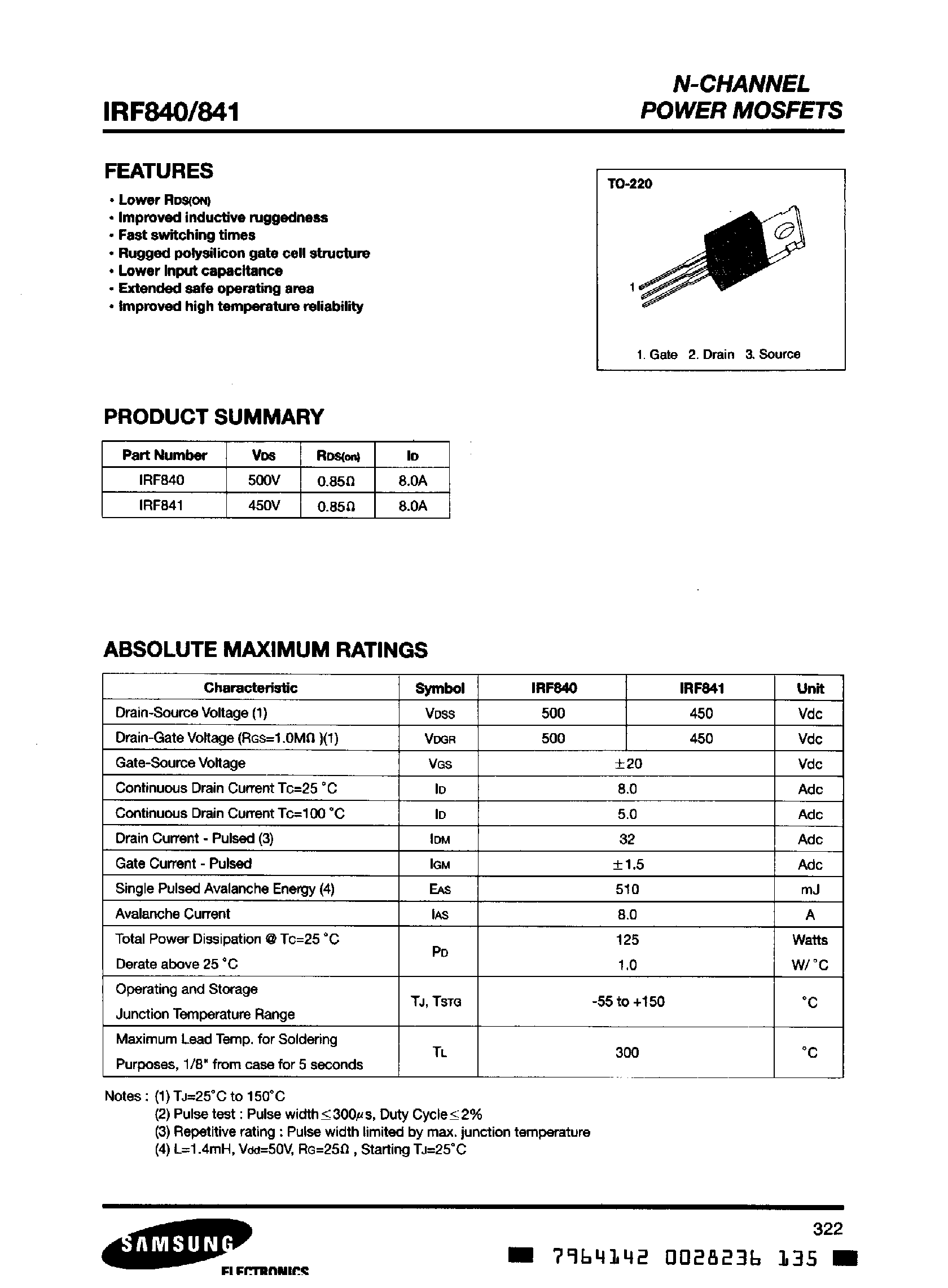 Datasheet IRF840 - N-CHANNEL POWER MOSFETS page 1