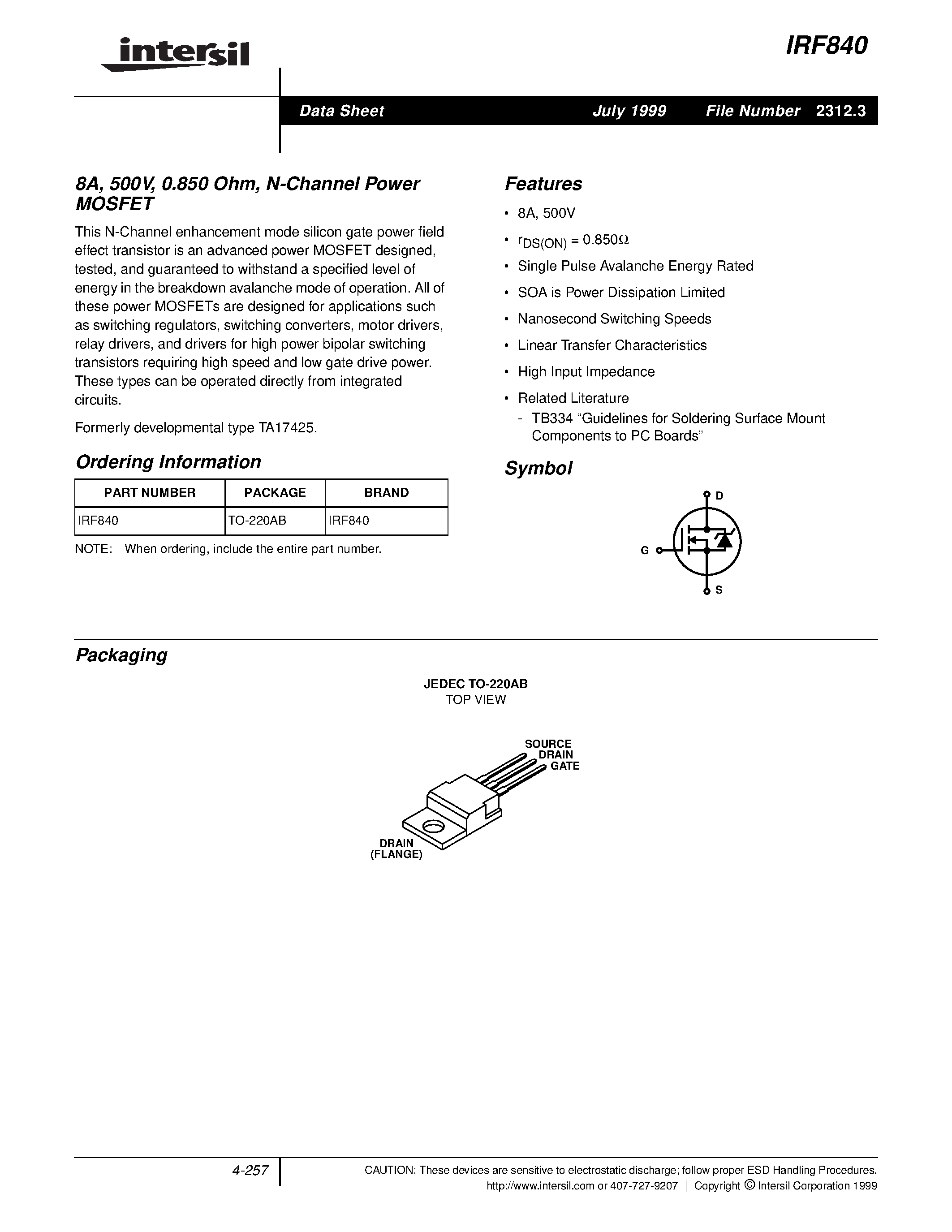 Datasheet IRF840 - 8A/ 500V/ 0.850 Ohm/ N-Channel Power MOSFET page 1