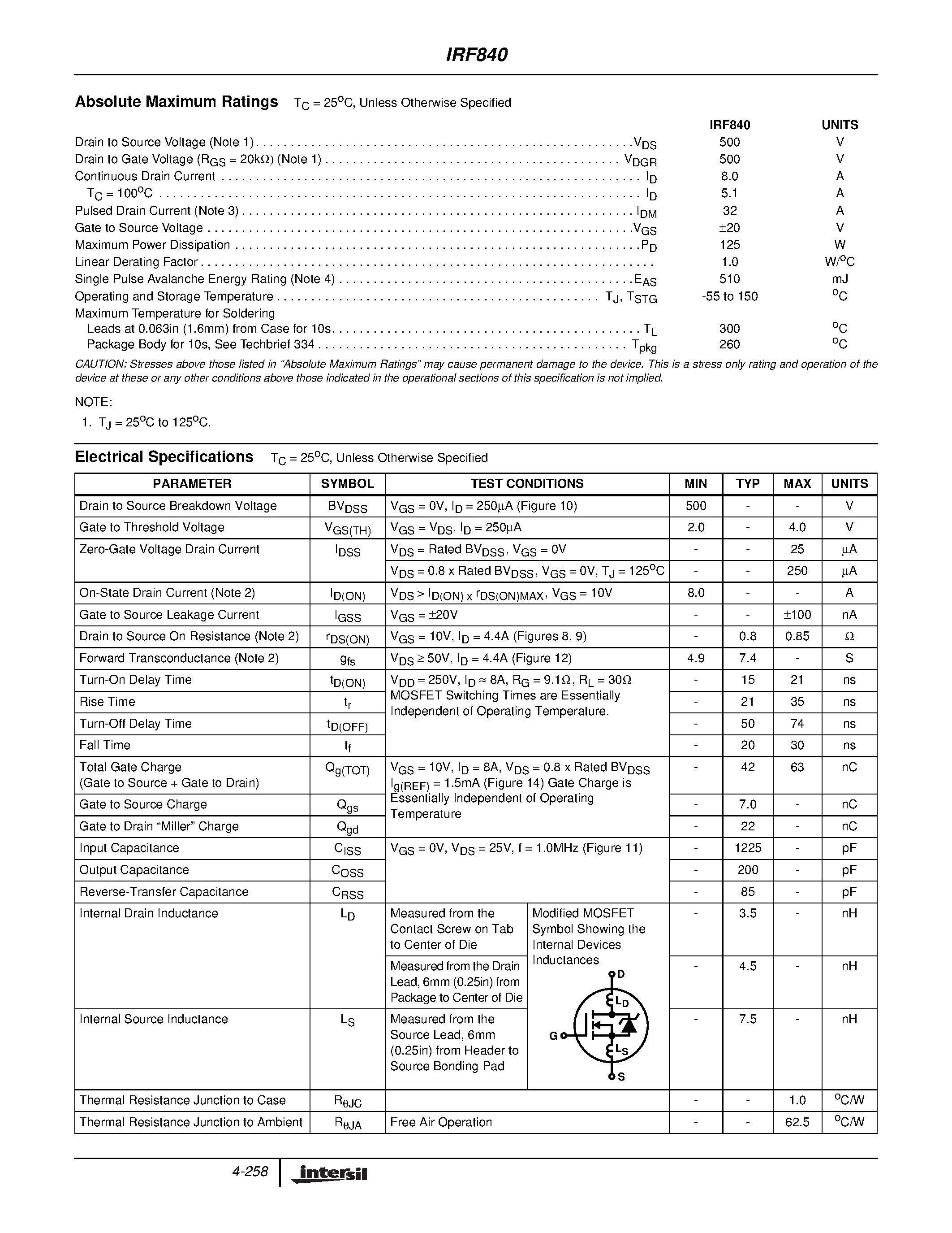 Datasheet IRF840 - 8A/ 500V/ 0.850 Ohm/ N-Channel Power MOSFET page 2