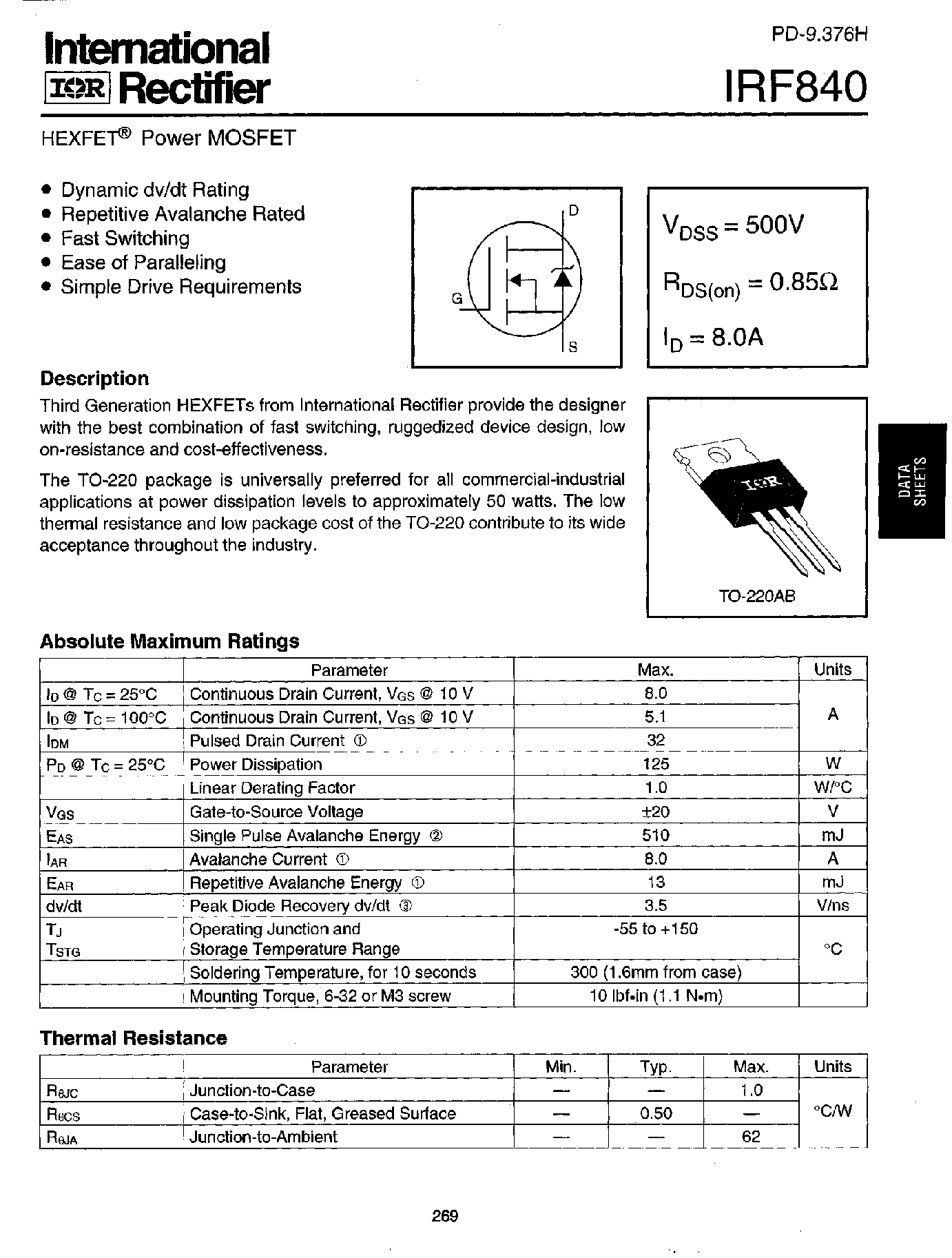 Datasheet IRF840 - TRANSISTORS N-CHANNEL page 1