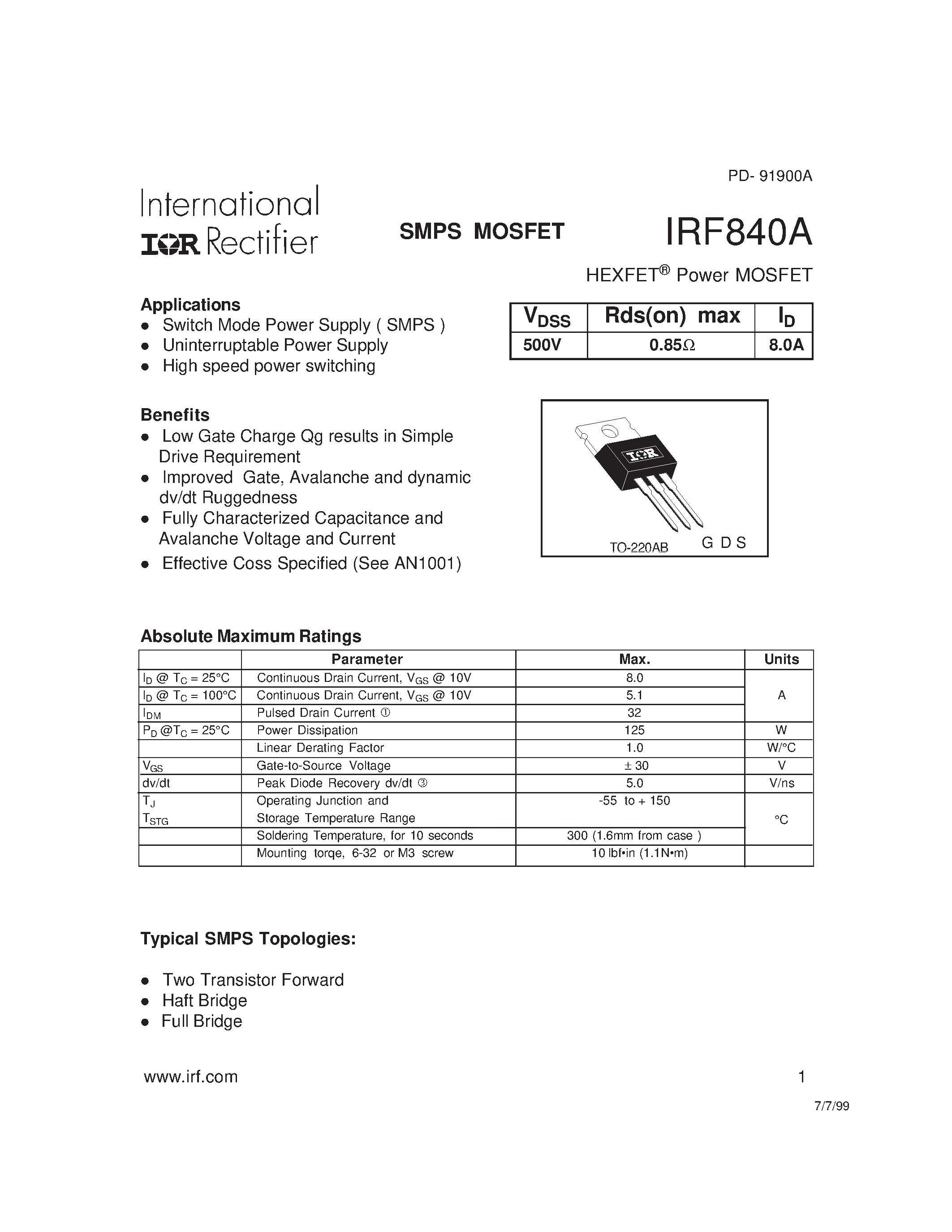 Datasheet IRF840A - Power MOSFET(Vdss=500V/ Rds(on)max=0.85ohm/ Id=8.0A) page 1