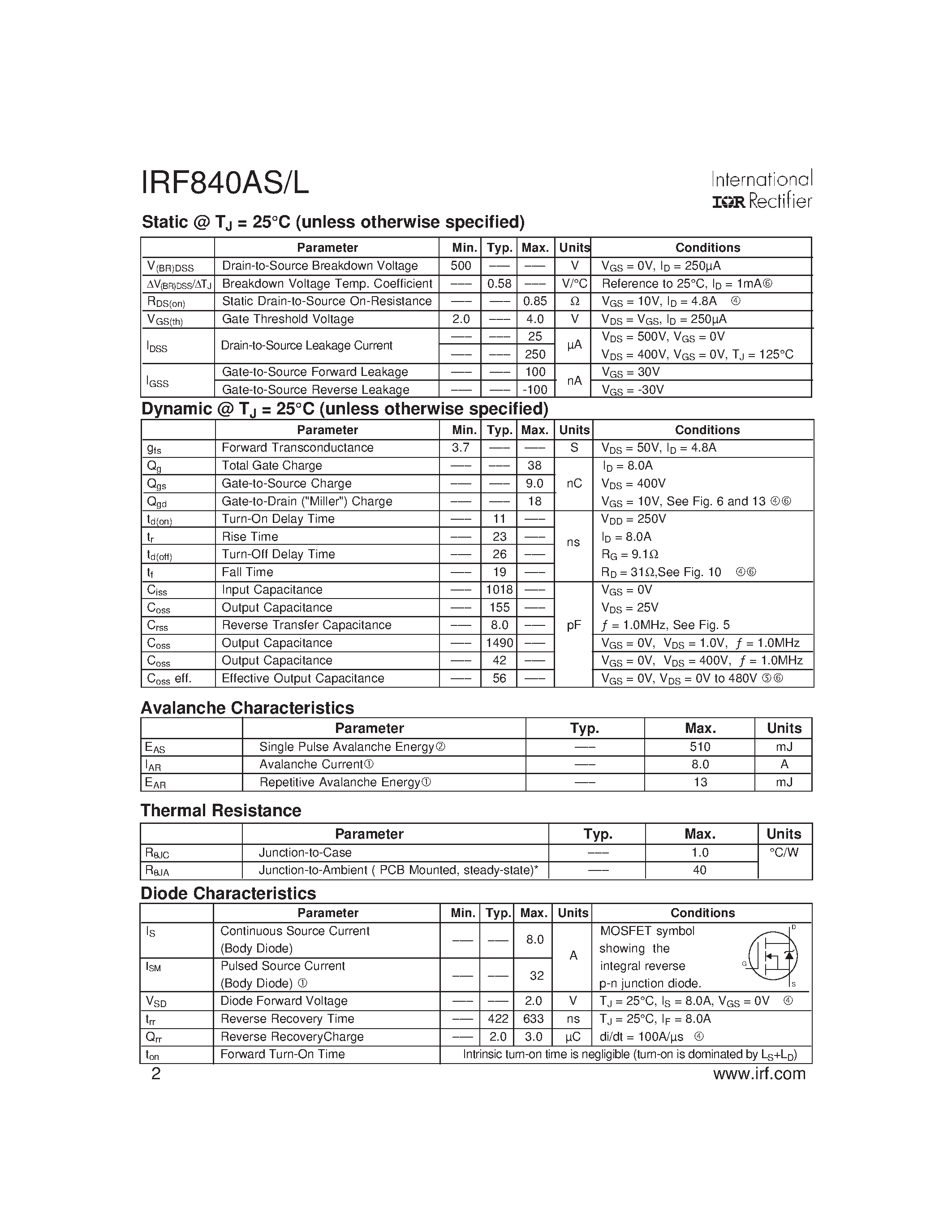 Datasheet IRF840AL - Power MOSFET(Vdss=500V/ Rds(on)max=0.85ohm/ Id=8.0A) page 2
