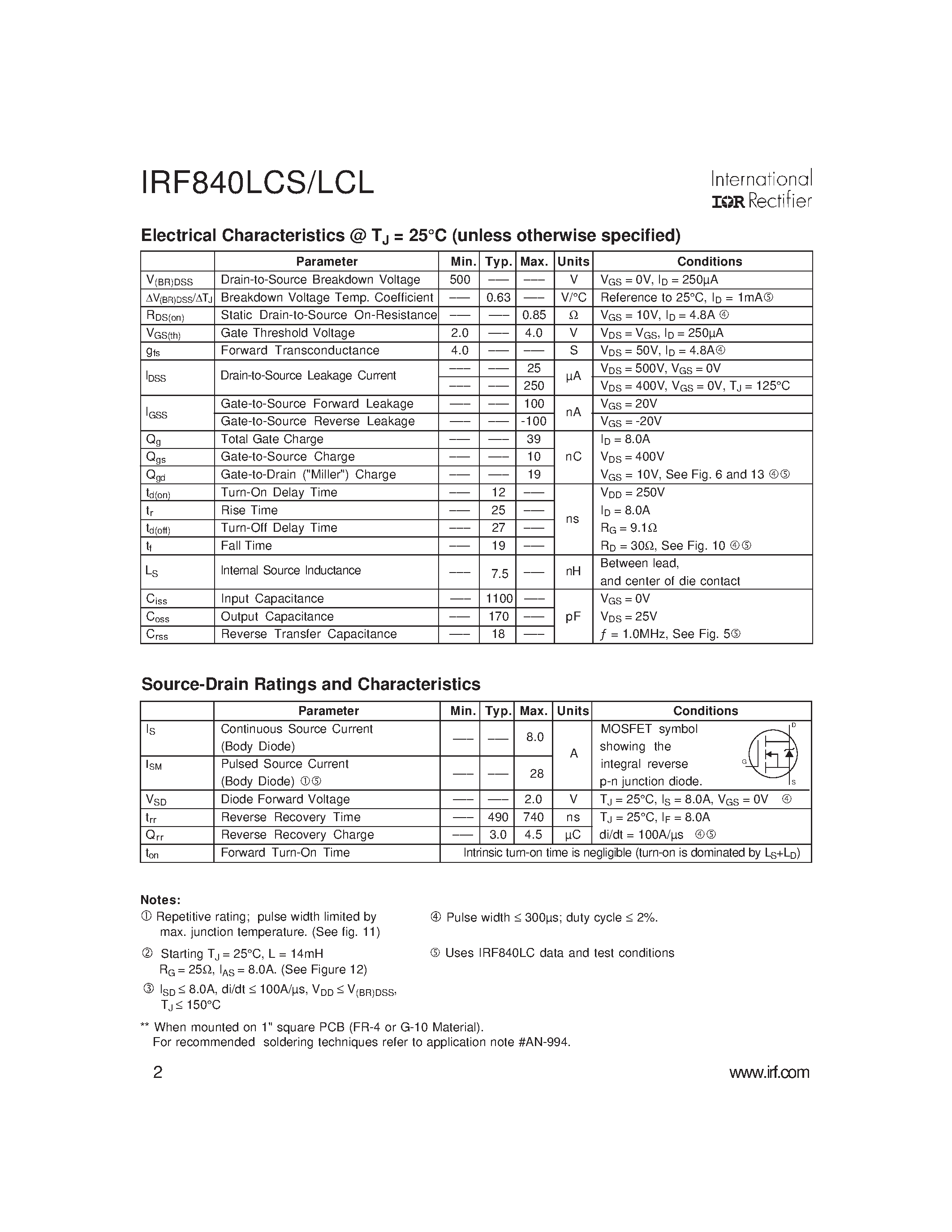 Datasheet IRF840LCL - Power MOSFET(Vdss=500V/ Rds(on)=0.85ohm/ Id=8.0A) page 2