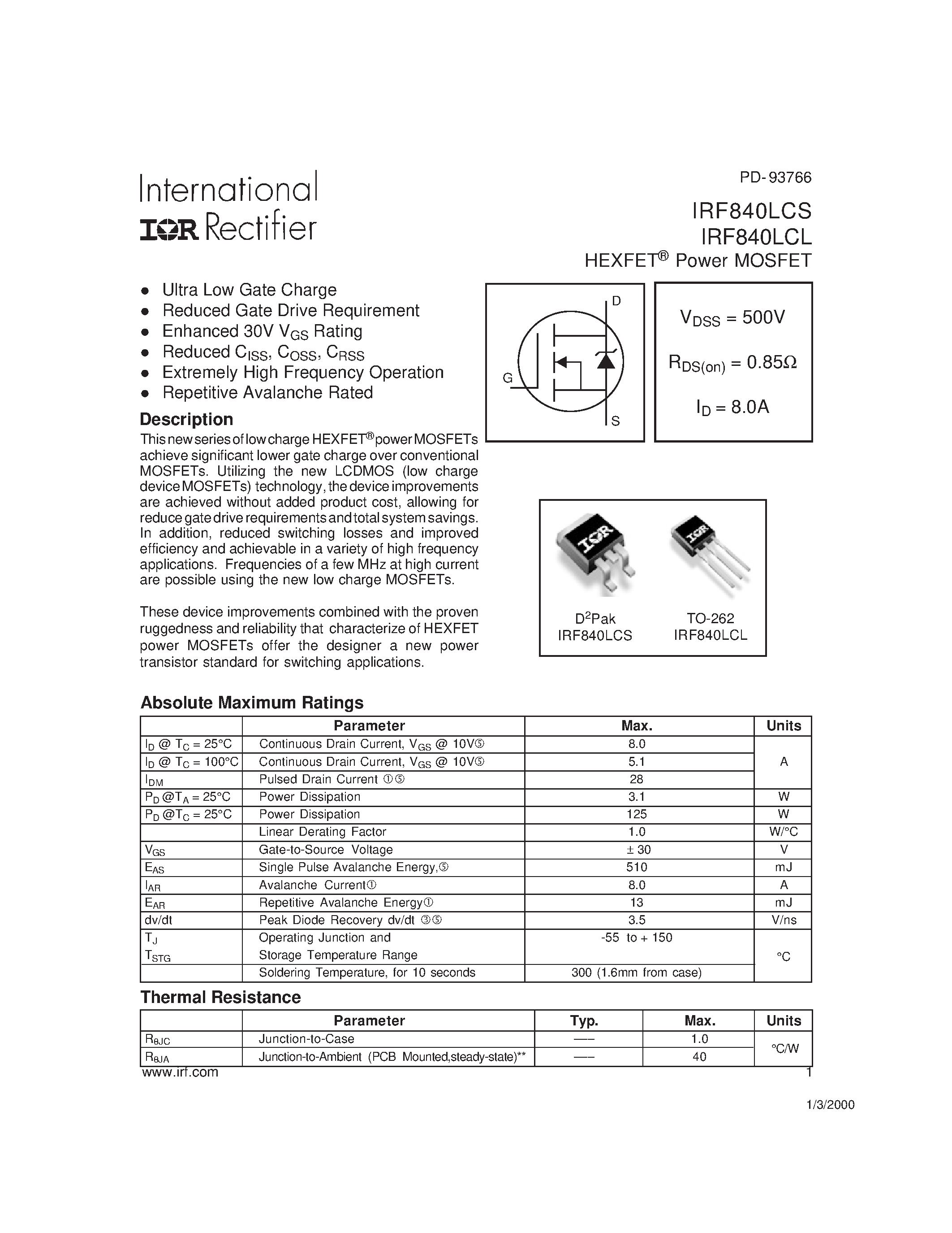 Datasheet IRF840LCS - Power MOSFET(Vdss=500V/ Rds(on)=0.85ohm/ Id=8.0A) page 1