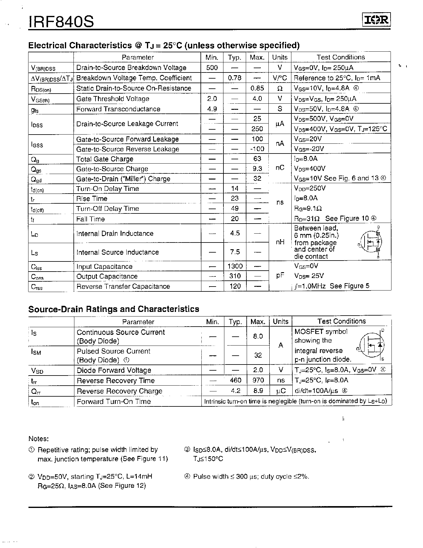Datasheet IRF840S - Power MOSFET(Vdss=500V/ Rds(on)=0.85ohm/ Id=8.0A) page 2