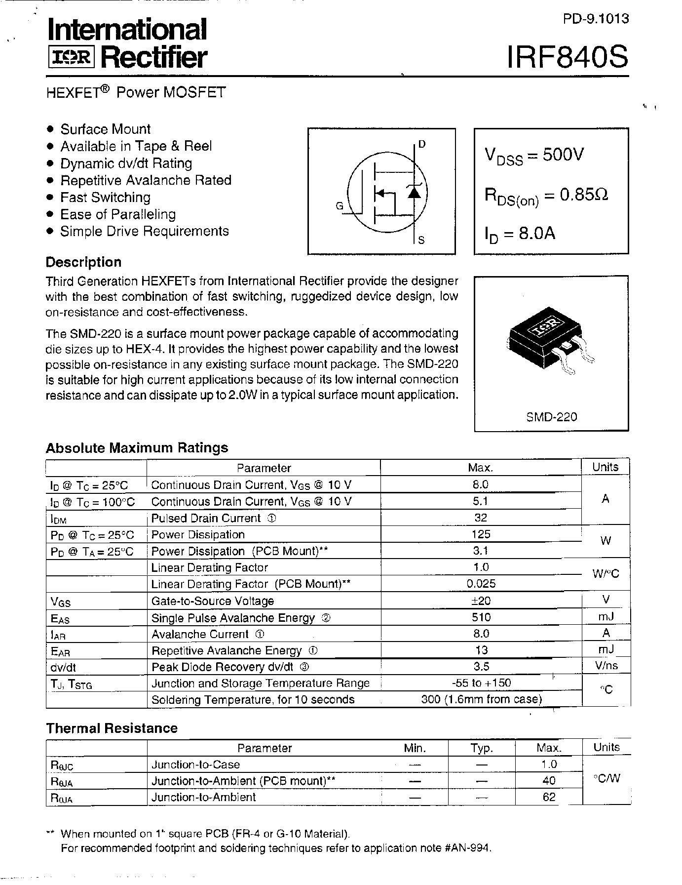 Datasheet IRF840STRR - Power MOSFET(Vdss=500V/ Rds(on)=0.85ohm/ Id=8.0A) page 1