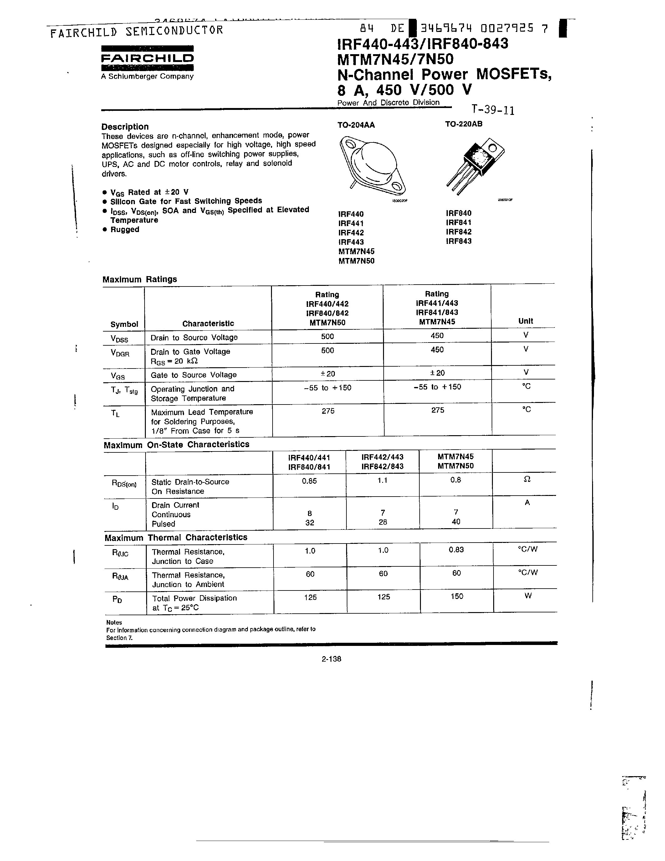Datasheet IRF841 - N-Channel Power MOSFETs/ 8A/ 450 V/500V page 1