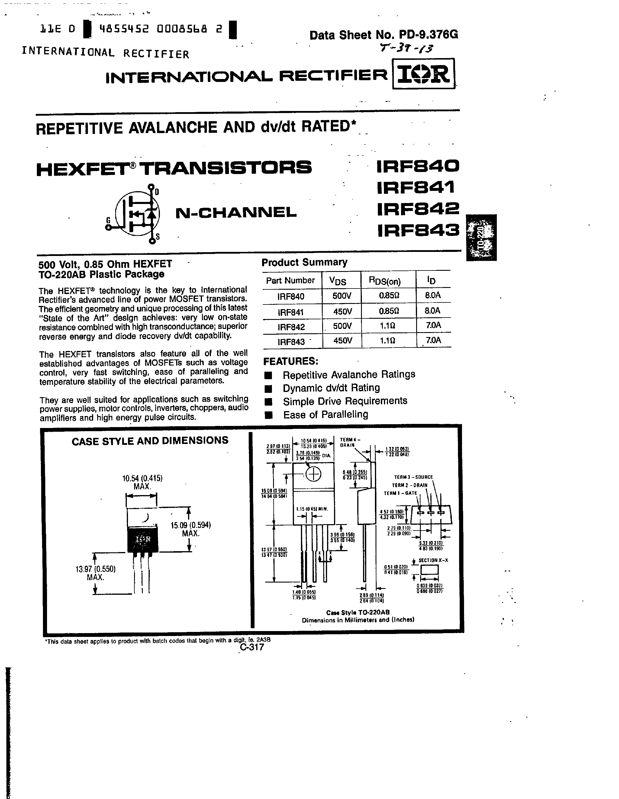 Datasheet IRF843 - TRANSISTORS N-CHANNEL page 1