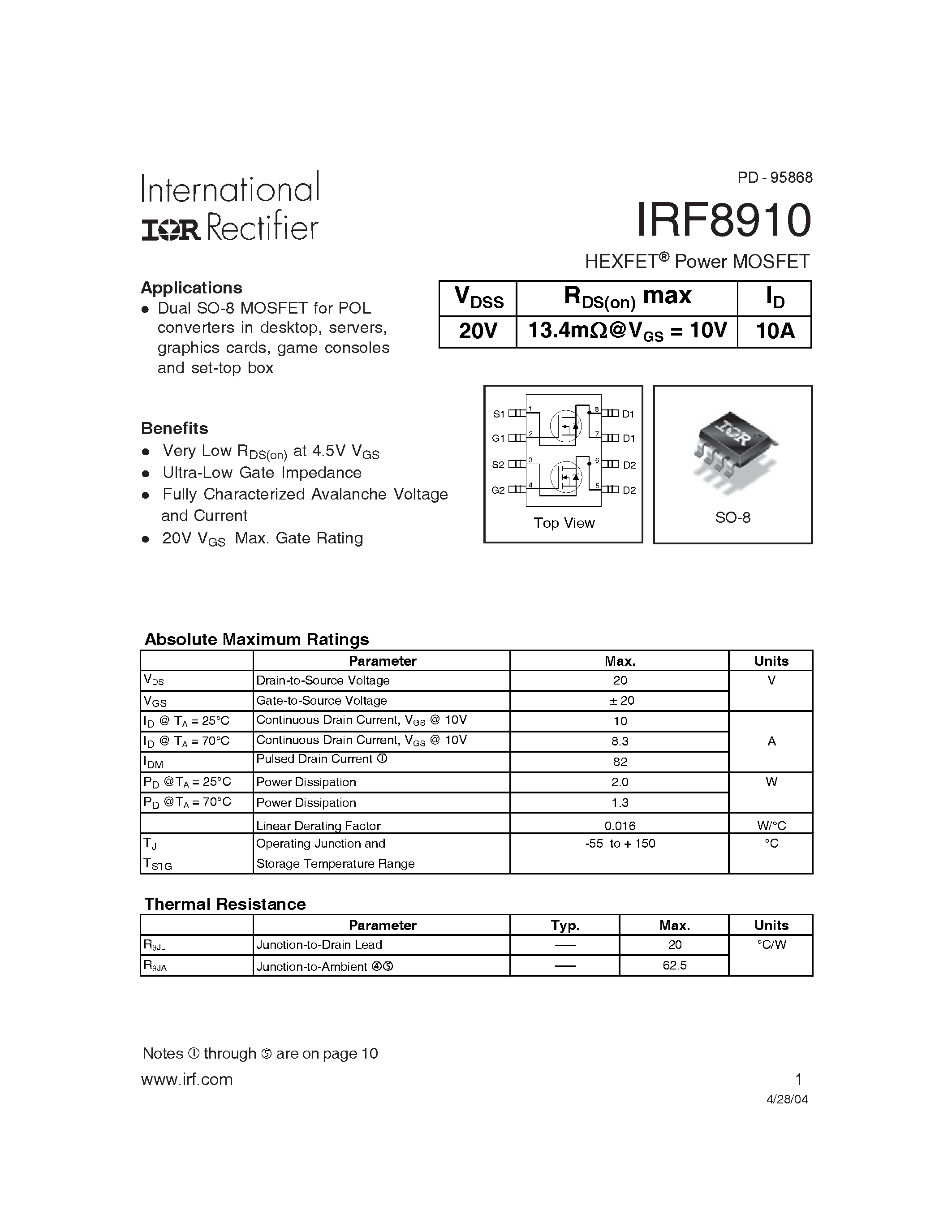 Datasheet IRF8910 - HEXFET Power MOSFET page 1
