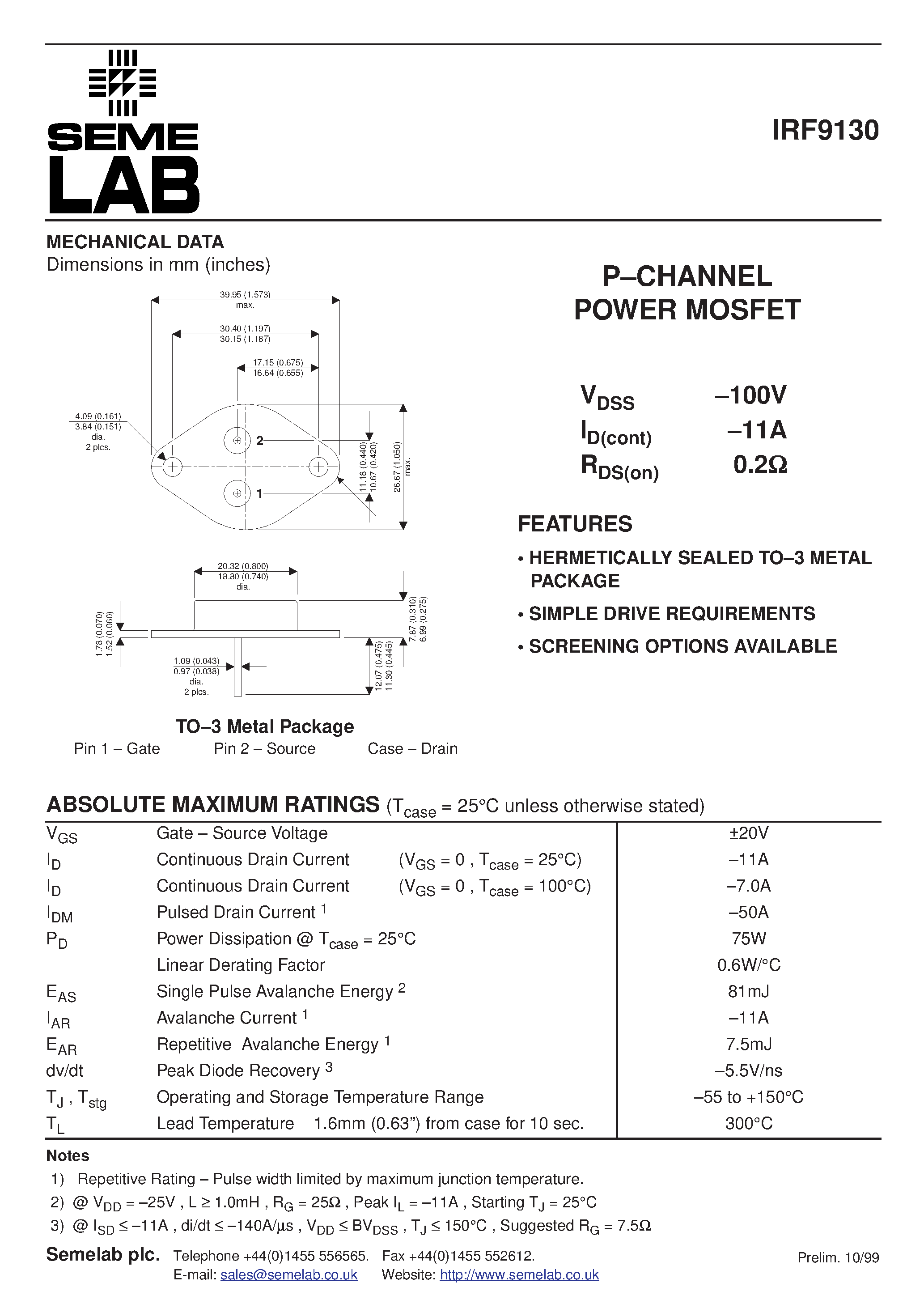 Datasheet IRF9130 page 1 Datasheet IRF9130 - P-CHANNEL POWER MOSFET page 1