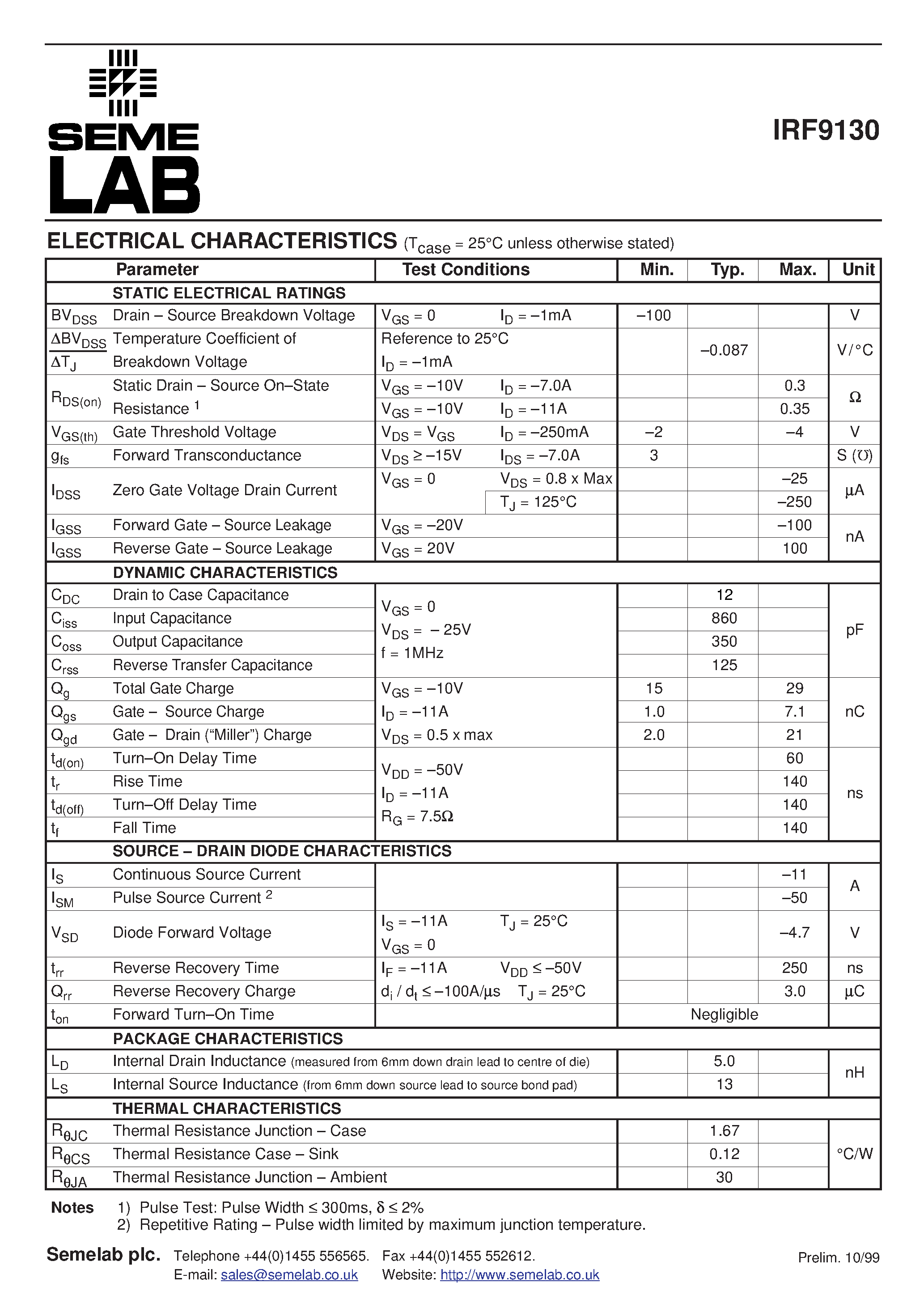 Datasheet IRF9130 page 2 Datasheet IRF9130 - P-CHANNEL POWER MOSFET page 2